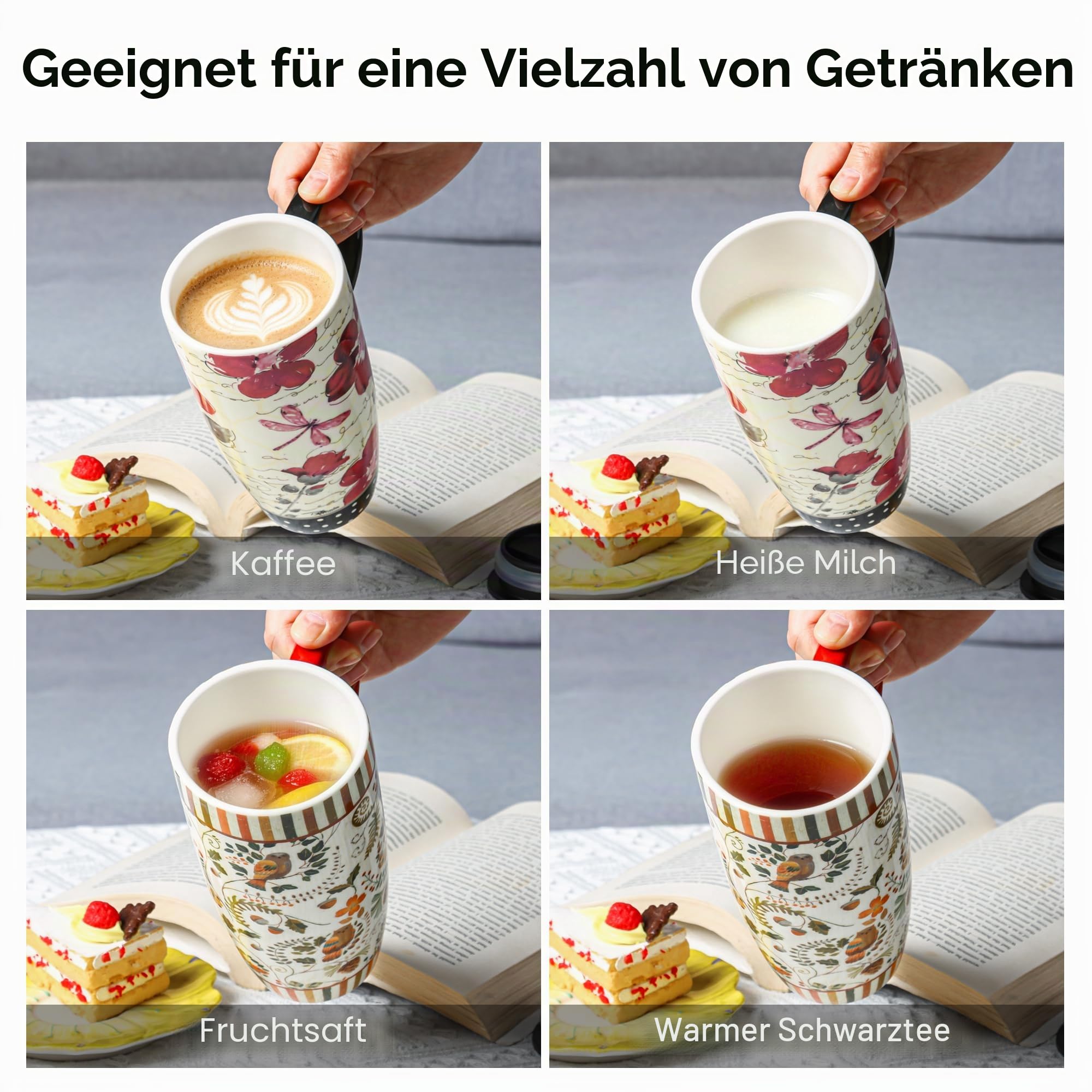 Topadorn Keramik 500ml set of 2 Große Teetasse Mikrowellengeeignet Spülmaschinenfest Nachhaltig Becher mit Deckel Muttertag Geschenk