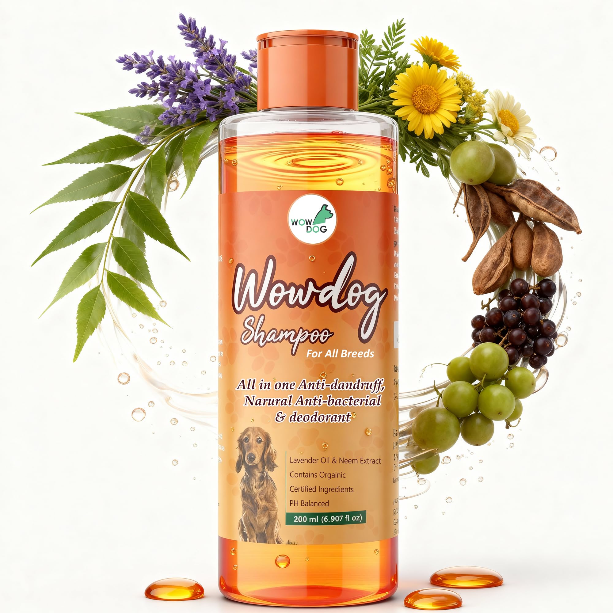 Wow Dog Gentle Herbal Dog Shampoo 200ml | Natural Neem & Lavender Care | Relieves Itchy Skin, Reduces Odor, Keeps Coat S