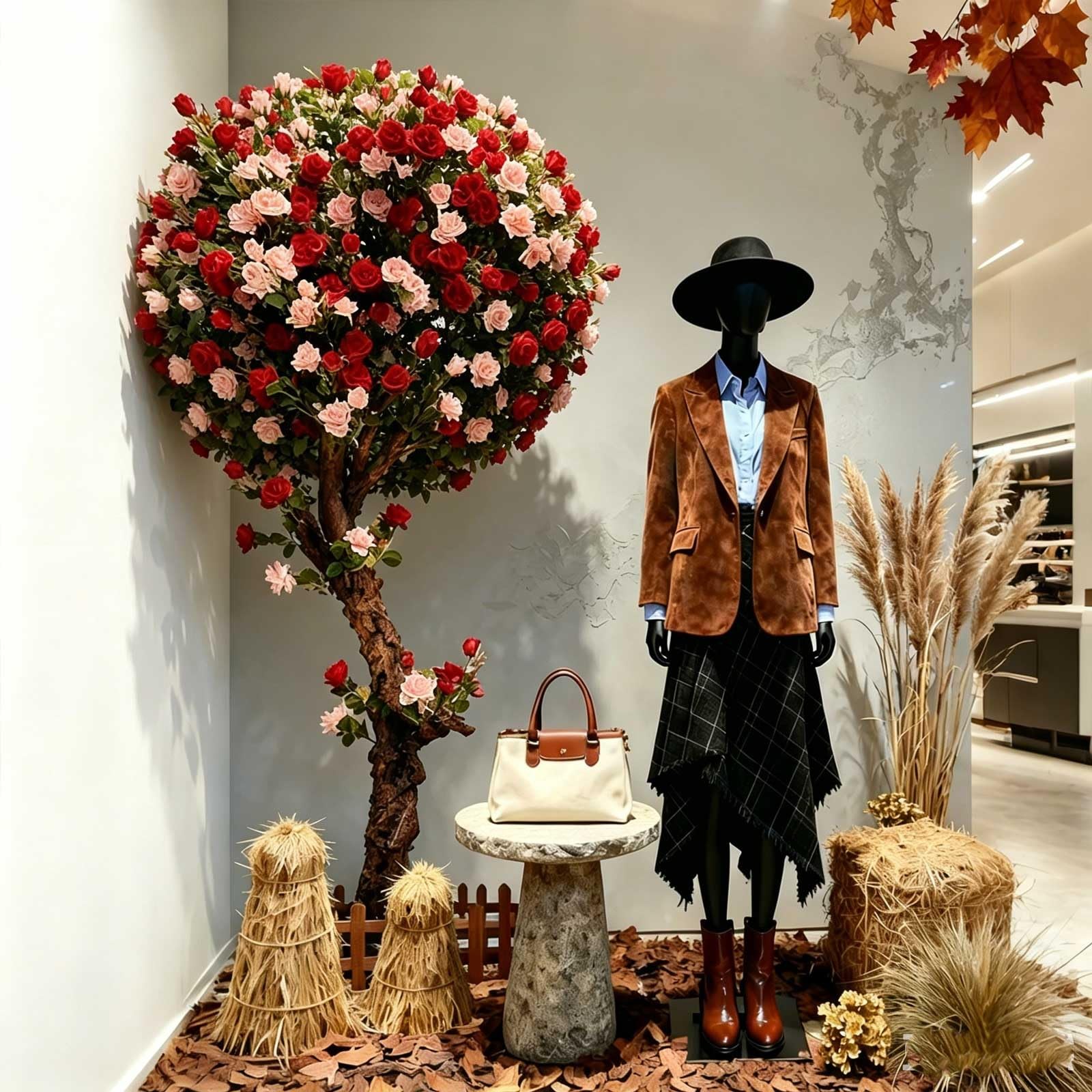 KIBONCY Big Floor Standing Artificial Rose Tree, Pink Blush Mixed Color Fake Flower, Landscape Simulation for Commercial Window Indoor Ornament