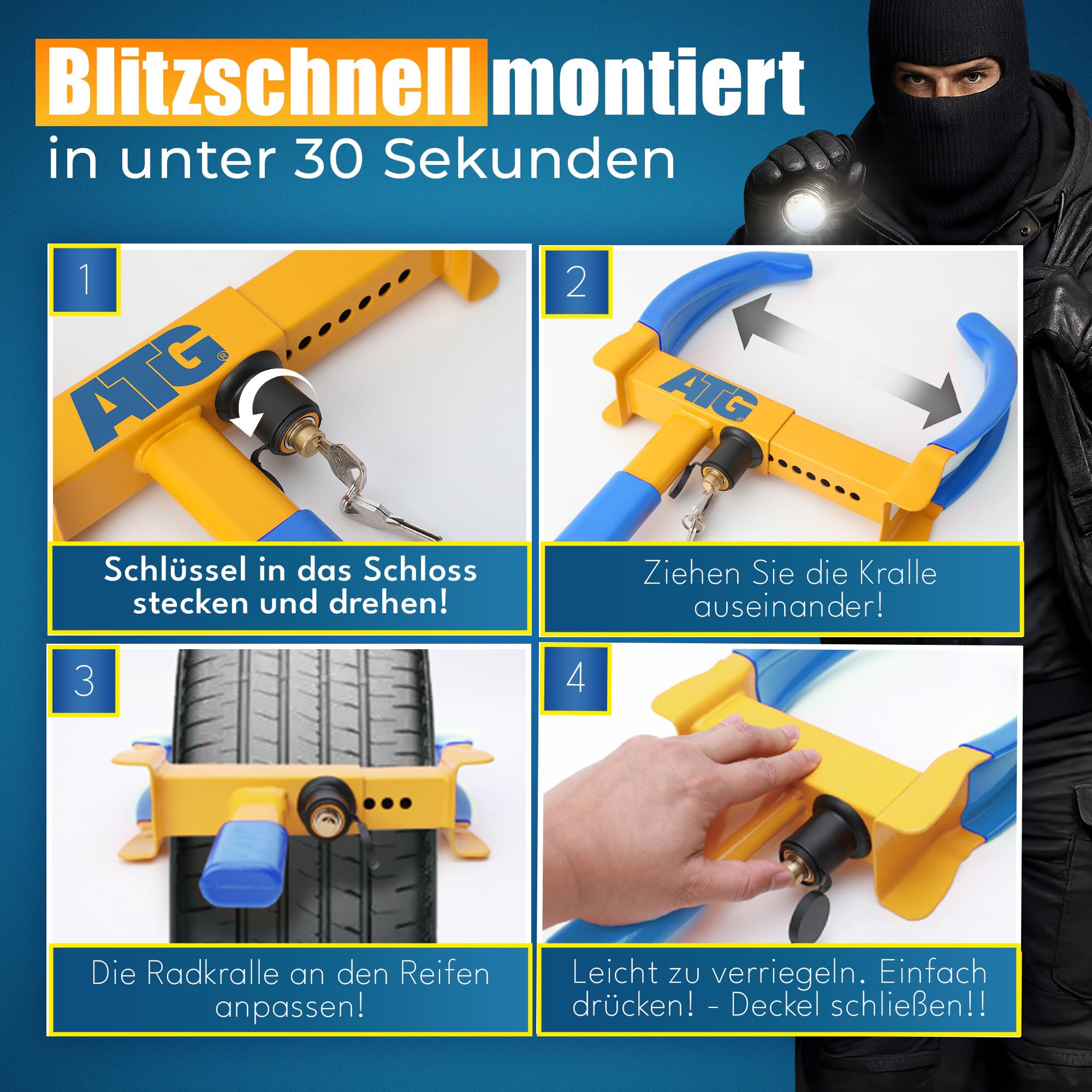 ATG Parkkralle Radkralle für Auto & Anhänger – Universelle Reifenkralle als Wegfahrsperre Auto – Diebstahlsicherung Anhänger für PKW, Wohnwagen, Wohnmobil & Motorrad – Reifenbreite 18–28 cm