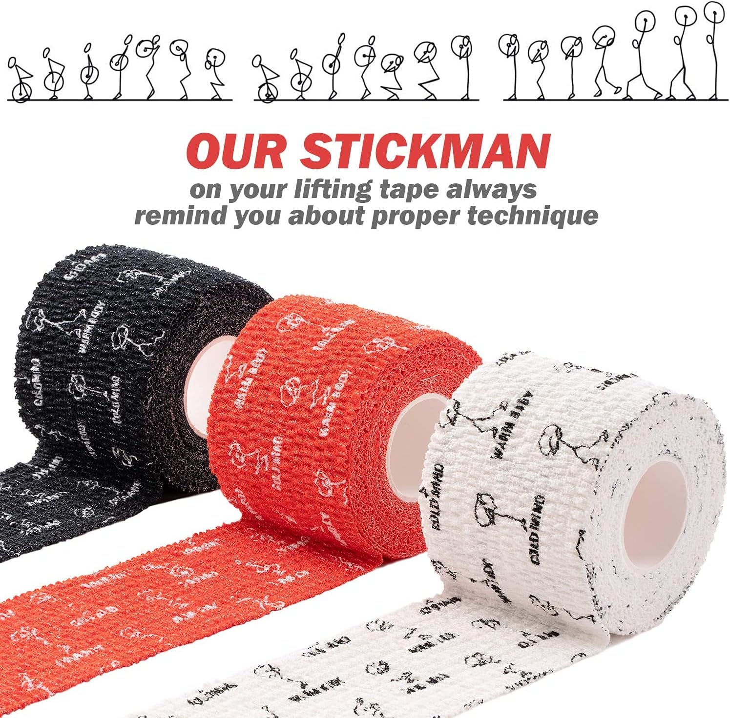 WARM BODY COLD MIND 1.85" Weightlifting Thumb Tape - Hook Grip Tape for Powerlifting, Cross Training, Gym Tape, Workout, Weight Lifting Tape, Athletic Finger Wrap (BlackFocus 12 Rolls)