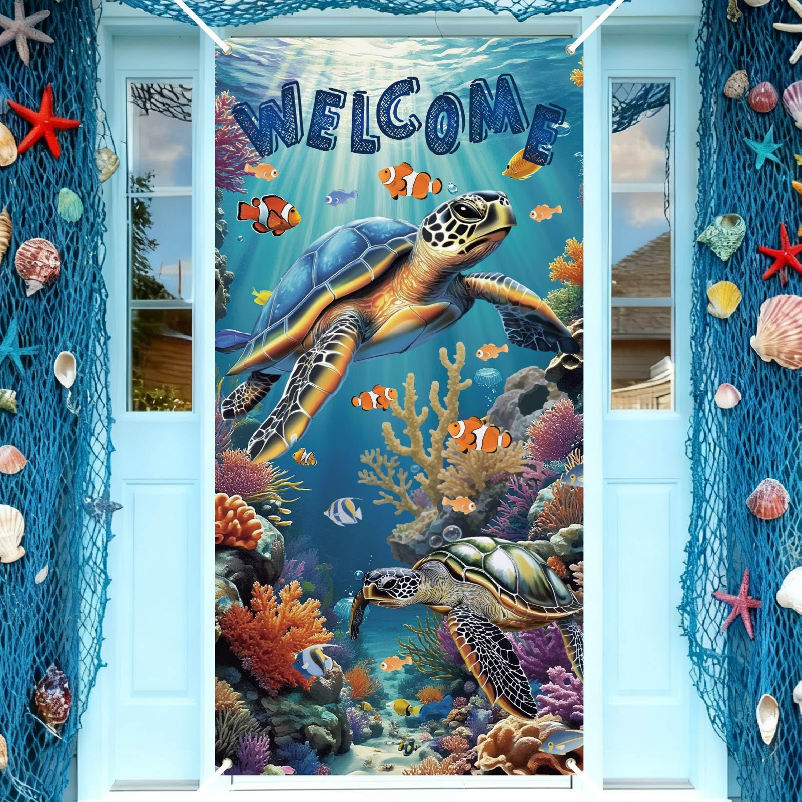 PRESSINART Turtle Door Cover Decorative Door Covers Ocean Theme Sea Turtle Pattern Polyester Rectangle Seasonal Banners Photography Background for Wall Porch Indoor Outdoor Home Decor 71 x 35 Inch