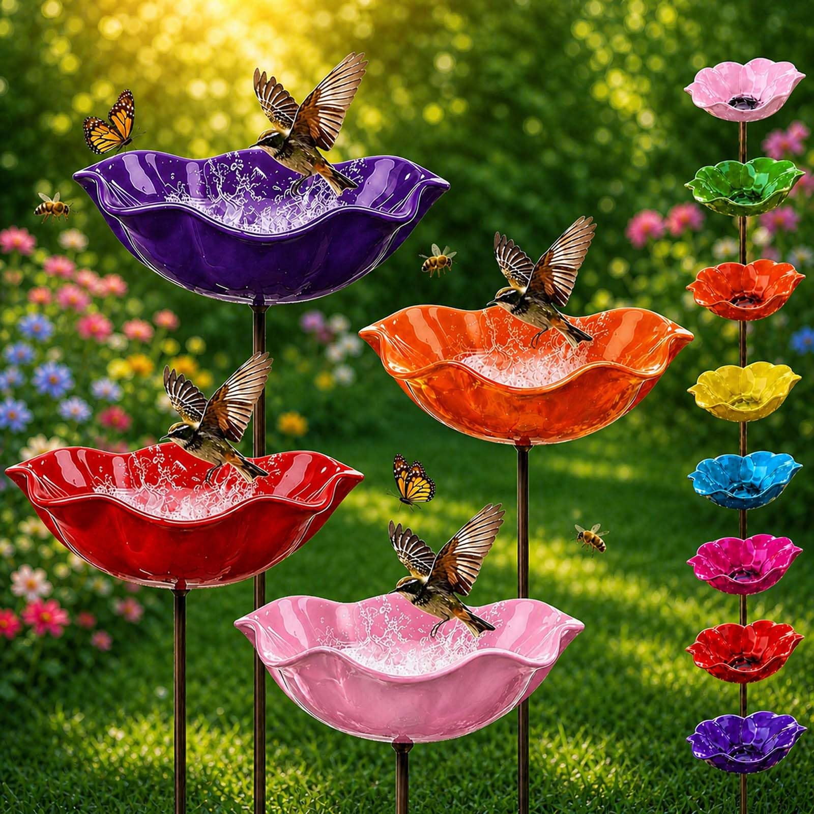 Blumenstecker VogelträNke,Blumen Gartenstecker VogelträNke,Gartenstecker Metall Blumen,BlumenträNke füR VöGel,Outdoor-Vogelfutterstation, Garten, Hof, Terrasse (Violett + Orange + Rot + Rosa)