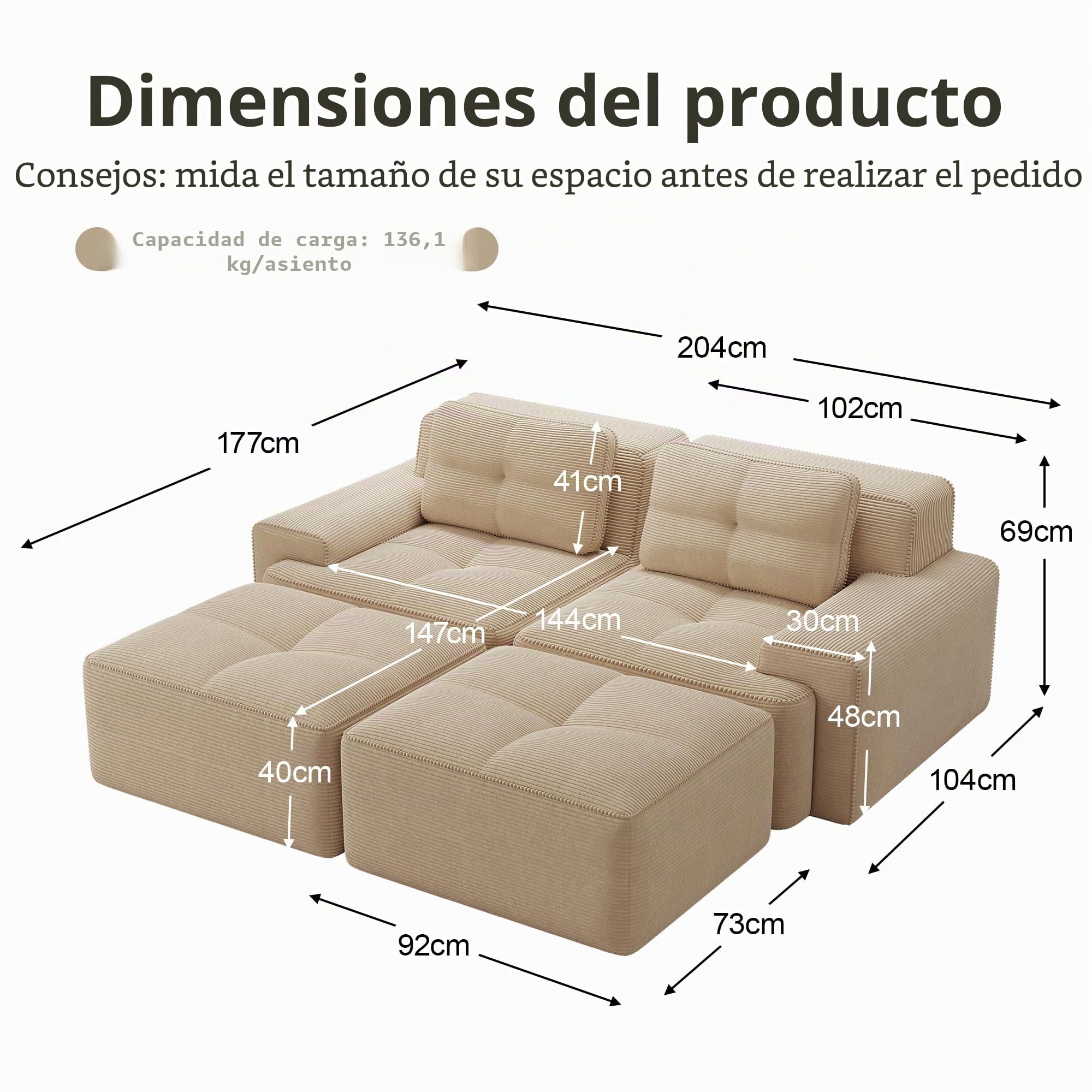 Sofá Modular Comprimido 204 cm, Sofá de 2 plazas con 2 pufs y 2 cojines, Cómodo sofá deshuesado de pana, sofá esquina/sofá cama para salón