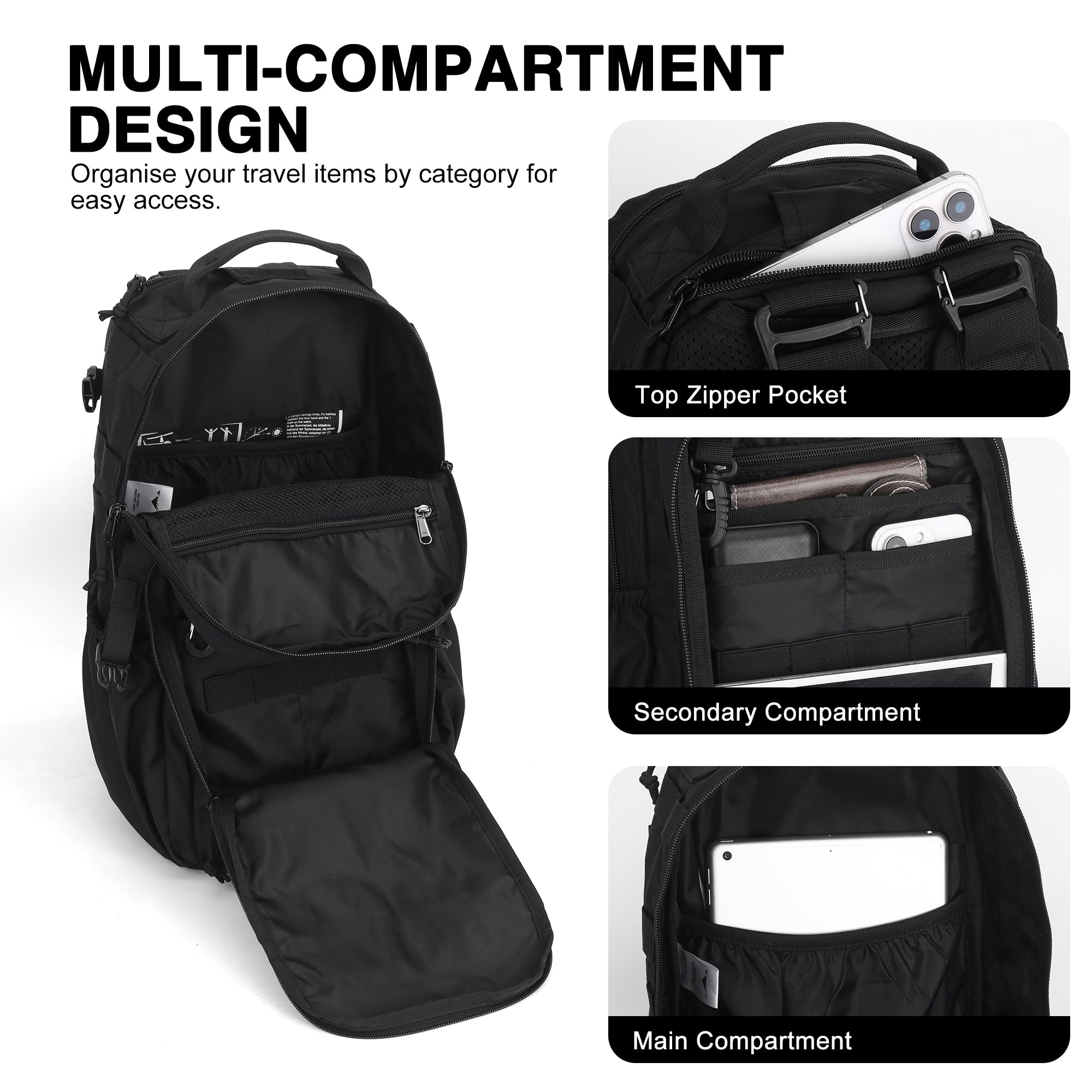 Mardingtop Zaino tattico da uomo da 25 l, piccolo con spallacci rimovibili, con sistema MOLLE, sistema di trasporto 3 in 1, per campeggio, lavoro, escursionismo