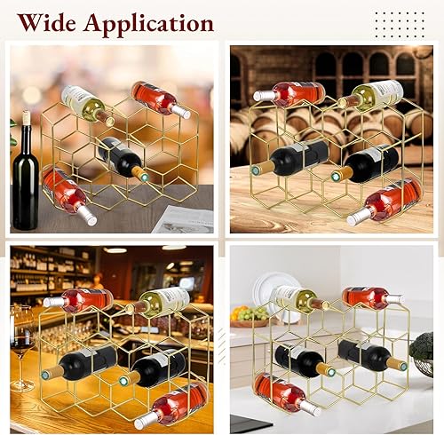 Miniatura 5 de Estante de vino para encimera, soporte de vino de mesa para 14 botellas, organizador de botellas de vino dorado independiente, soporte de
