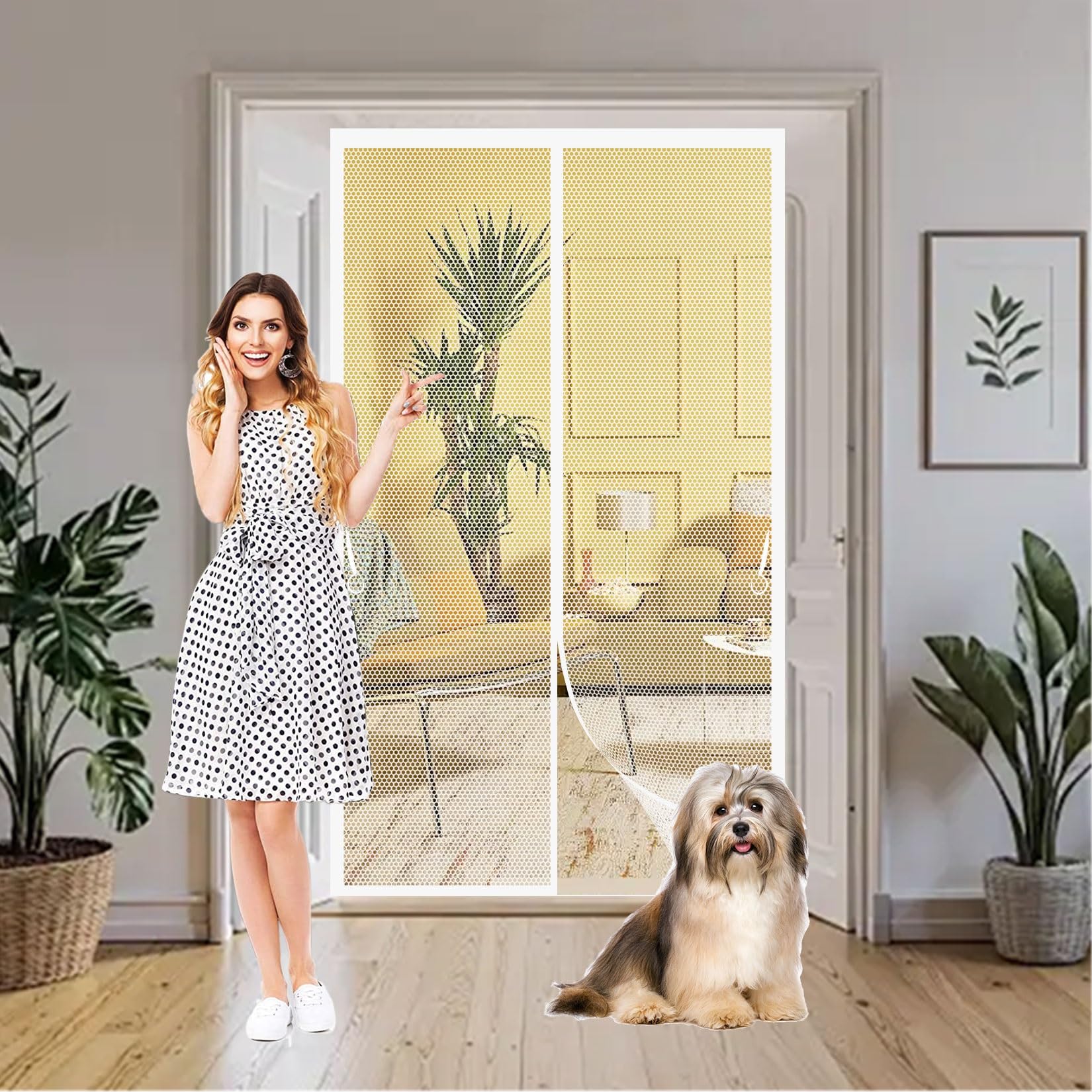 Magnetic Fly Screen Door 169 x 178 cm Full Frame Magic Tape, Powerful Magnets Fly Screens for Doors Without Drilling, Heavy Duty Pet and Kid Friendly, White