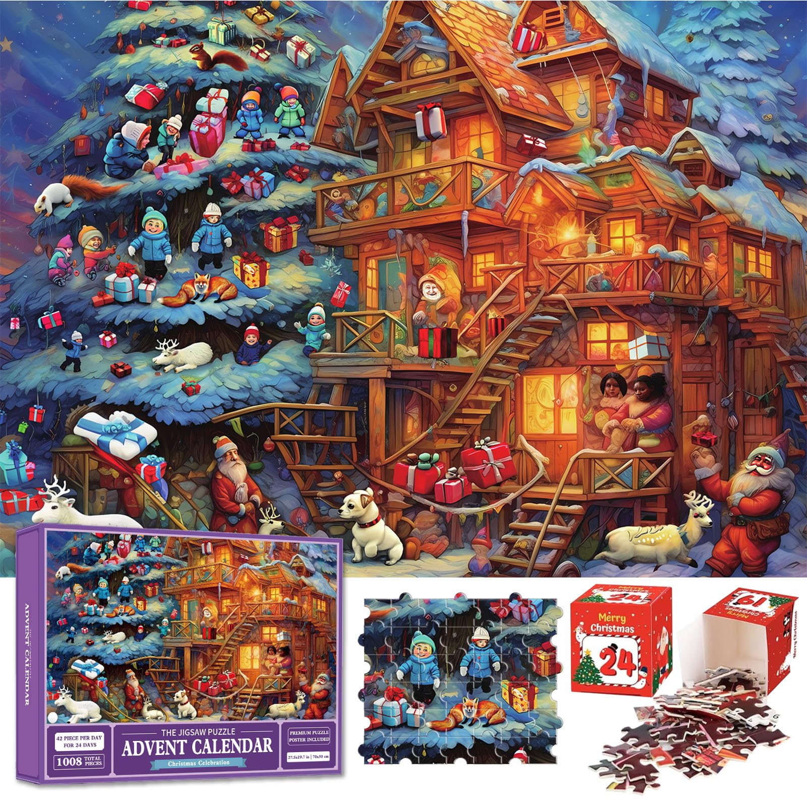POPOYU świąteczny kalendarz adwentowy na rok 2024, puzzle dla dzieci, 24 pudełka na 24 dni, 68 x 48 cm, 1008 sztuk, puzzle świąteczne, kalendarz z odliczaniem dla dorosłych i dzieci, na prezent