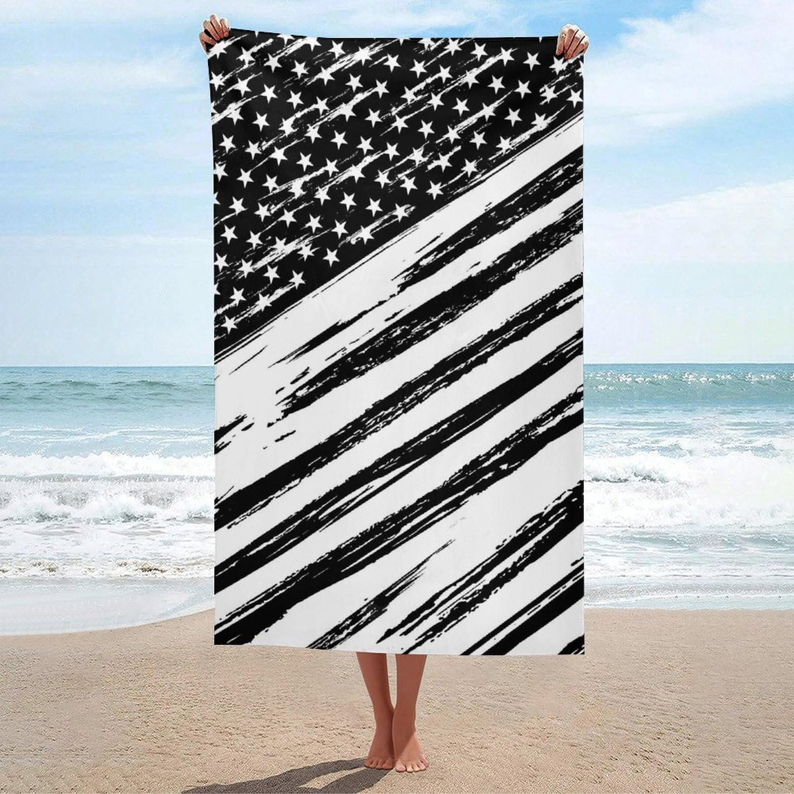 Anceky Bath Towel Quick-Dry Large Black American Flag Beach Towels Soft Absorbent Bath Towel for Travel Swimming Gym 31 X 51 in