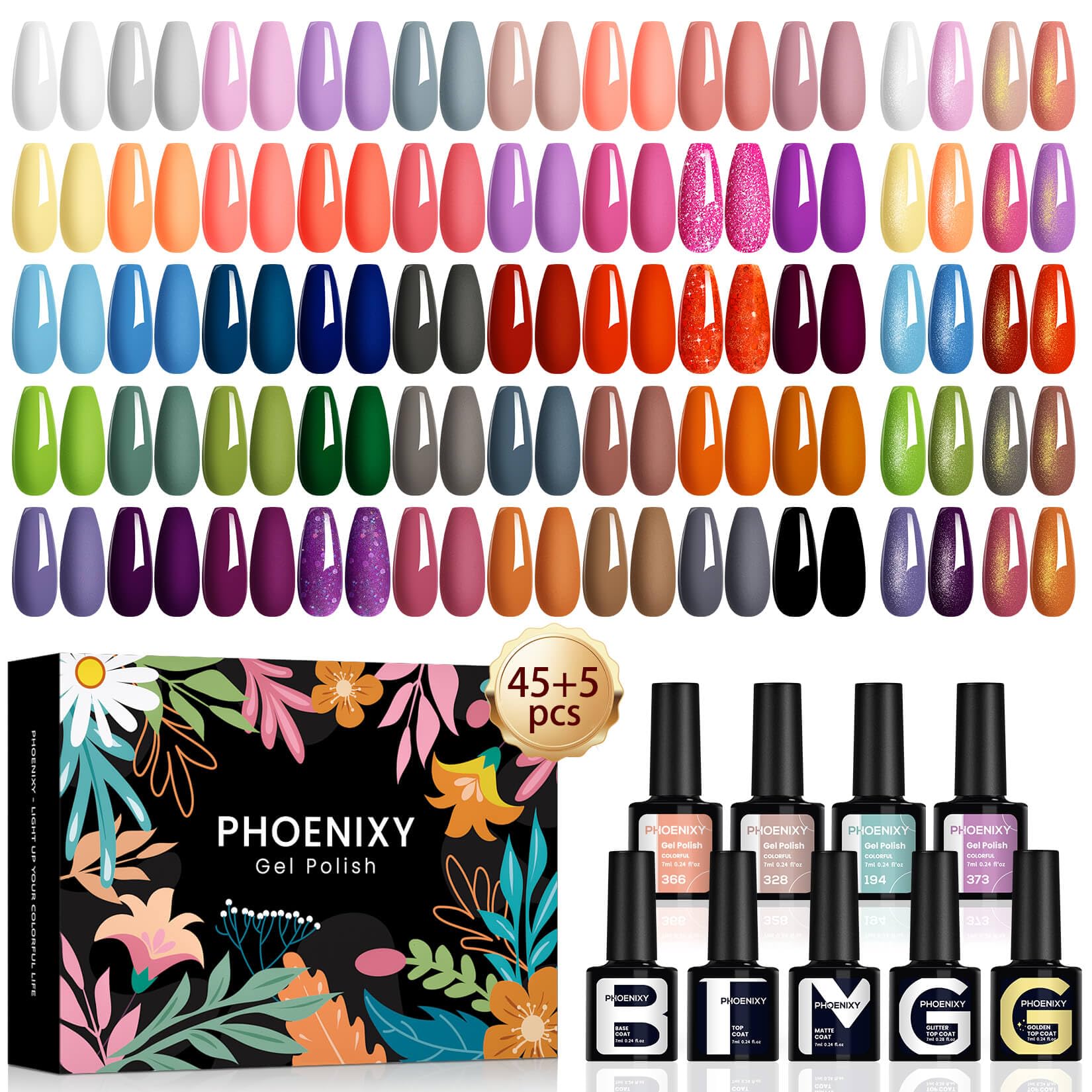 Phoenixy U V zestaw lakierów do paznokci 45+5 szt. Żelowy zestaw lakierów do paznokci Shellack do stylizacji paznokci lakier żelowy z podkładką, Überlack, matowy połysk Überlack