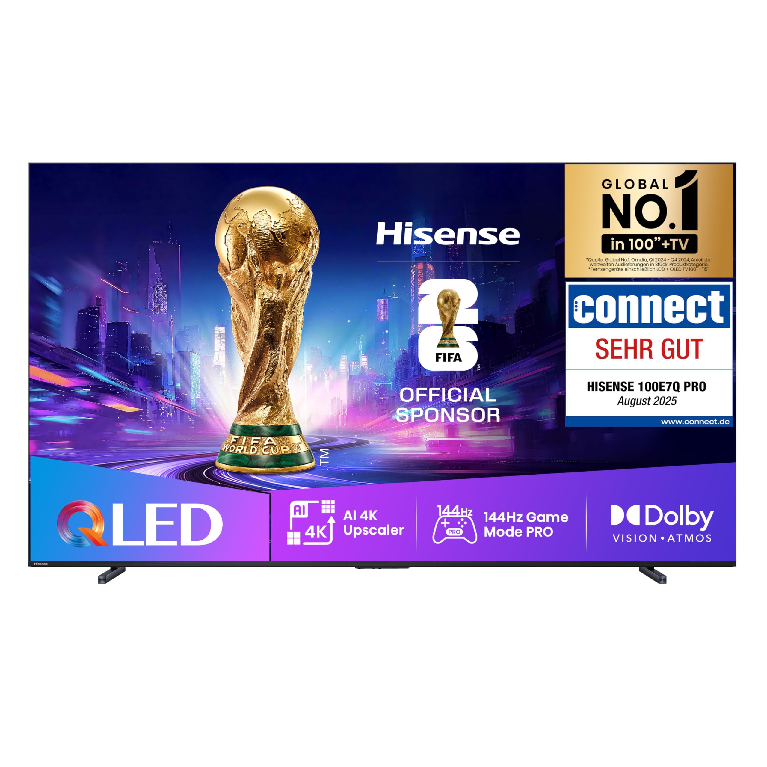 Hisense 100E7Q PRO Fernseher, 100 Zoll, 4K UHD QLED, Smart TV, 144Hz Game Mode, Filmmaker Mode, AMD FreeSync Premium, AI HDR Upscaler, Built-in Subwoofer, Sprachsteuerung, 2025