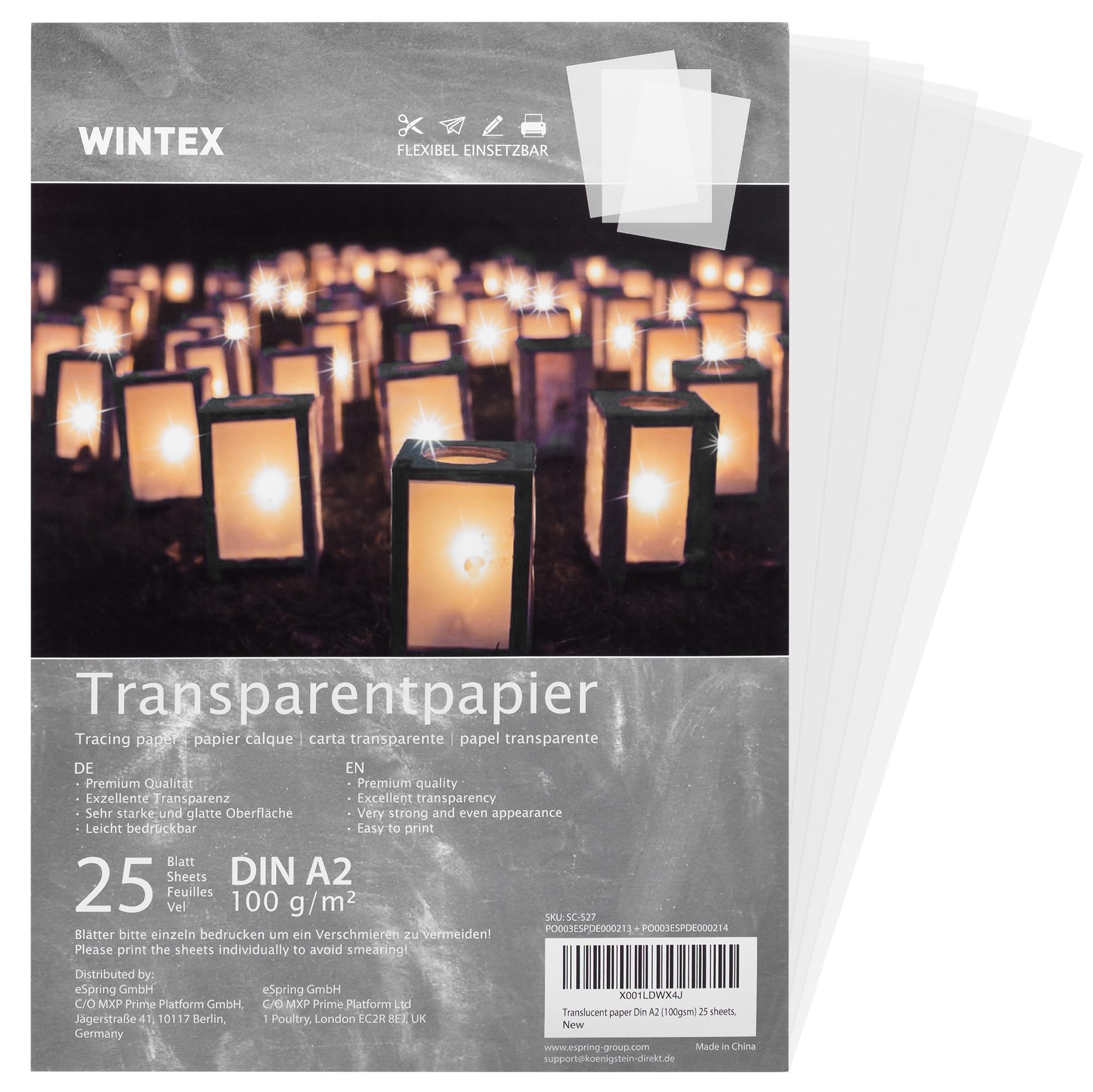 Wintex Transparent/Green Tracing Paper A2 100Gsm (25 Sheets) - Vellum Paper For Printer Drawing Art Sketch Pattern Transfer - Ideal For Arts Crafts Architectural Drawings - Translucent