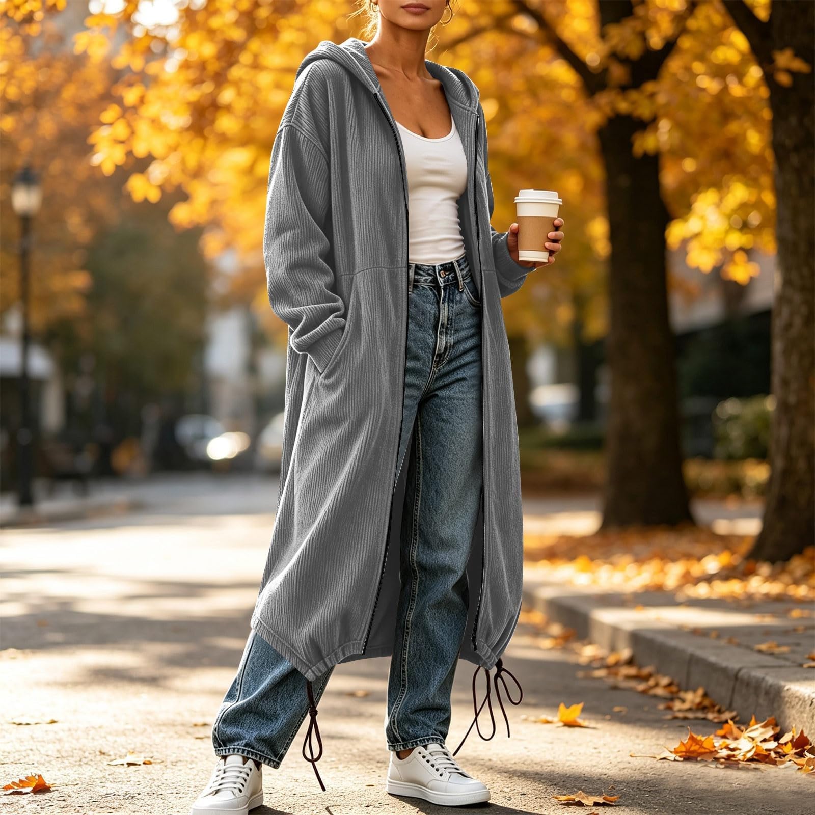 Damen Langarm Strickjacke mit Kapuze, Maxi-Länge