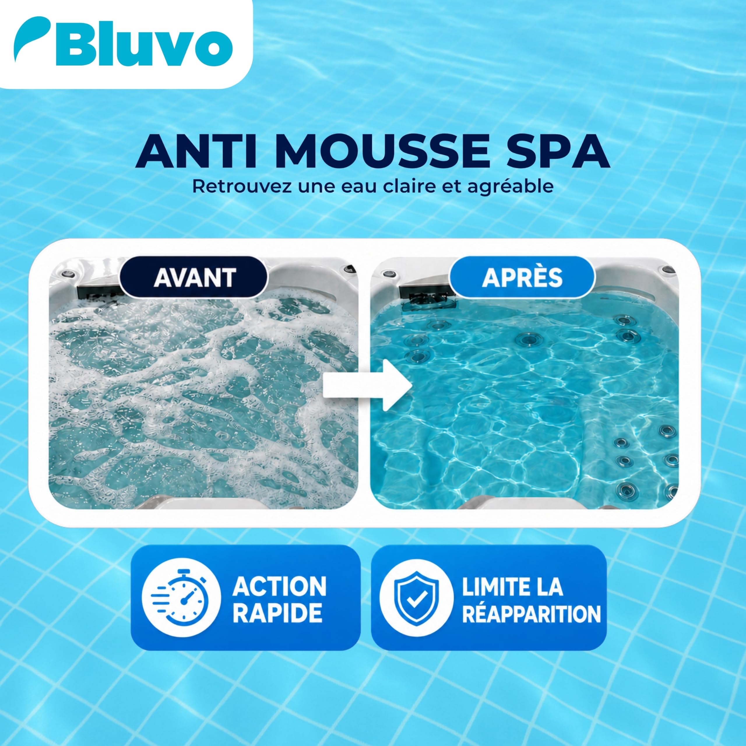 Bluvo Anti Mousse et Écume pour Spa – Élimination Rapide | Produit d’Entretien 1L | Fabriqué en France