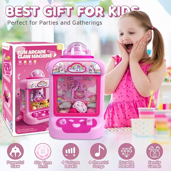 Marlrin Claw Machine for Kids, Mini Vending Machine Girls Unicorn Toys, Candy Grabber Prize Dispenser with Sound & 20 Mini Plush Toys, Electronic Arcade Game Indoor Toy for Home Party Birthday Gifts