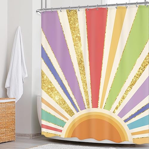 Miniatura 2 de Newsely Cortina de ducha boho de los años 70, 60 pulgadas de ancho x 72 pulgadas de alto, abstracto, retro, arco iris, puesta de sol, puesta de sol,