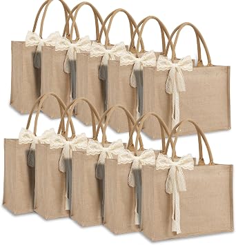Burlap Tote Bag Set with Ribbon, Reusable Blank Water Resistant Grocery Bags
