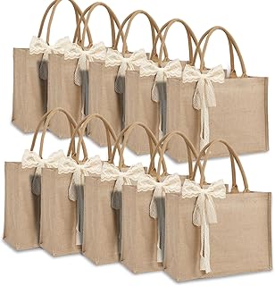 10pcs Burlap Tote Bag Set with Handles, Waterproof Reusable Blank Water Resistant Grocery Bags with Ribbon Large Jute Tote 15.35*6*12 Inch for Women Bridesmaid Gift Beach Shopping Wedding Travel DIY