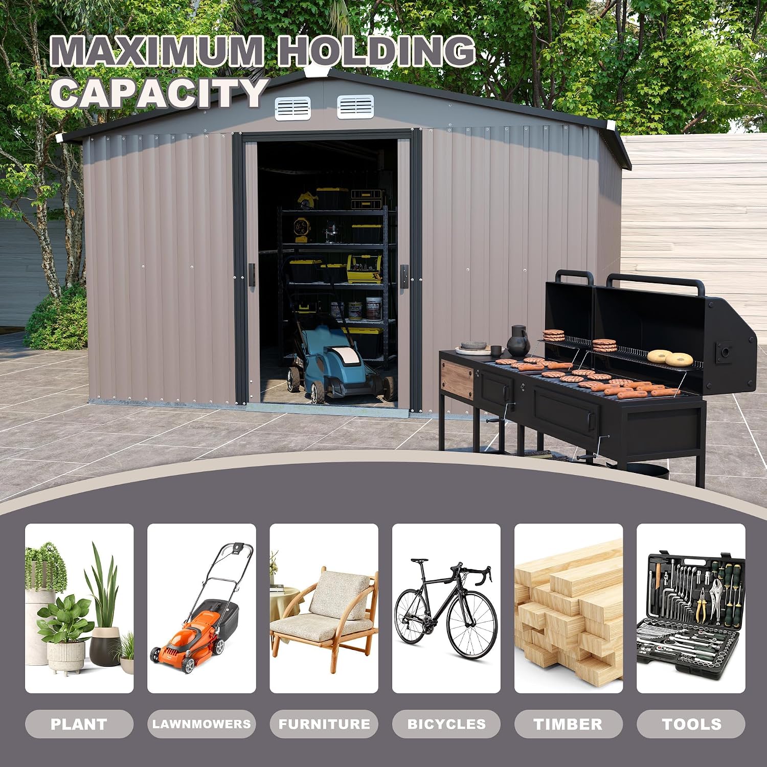 ELOMBR 12x10 FT Outdoor Storage Shed with icons showing items it can store: plants, lawnmowers, furniture, bicycles, timber, tools.