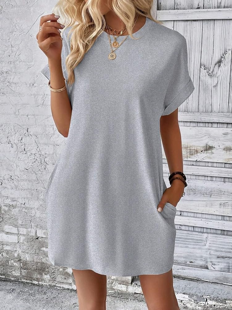 EsEiCo Womens Tee Shirt Dress Loose Fit Solid Color Round Neck Batwing Sleeve Dress Short Tshirt Dress with Pockets, Small, Gray at Amazon Women's Clothing store
