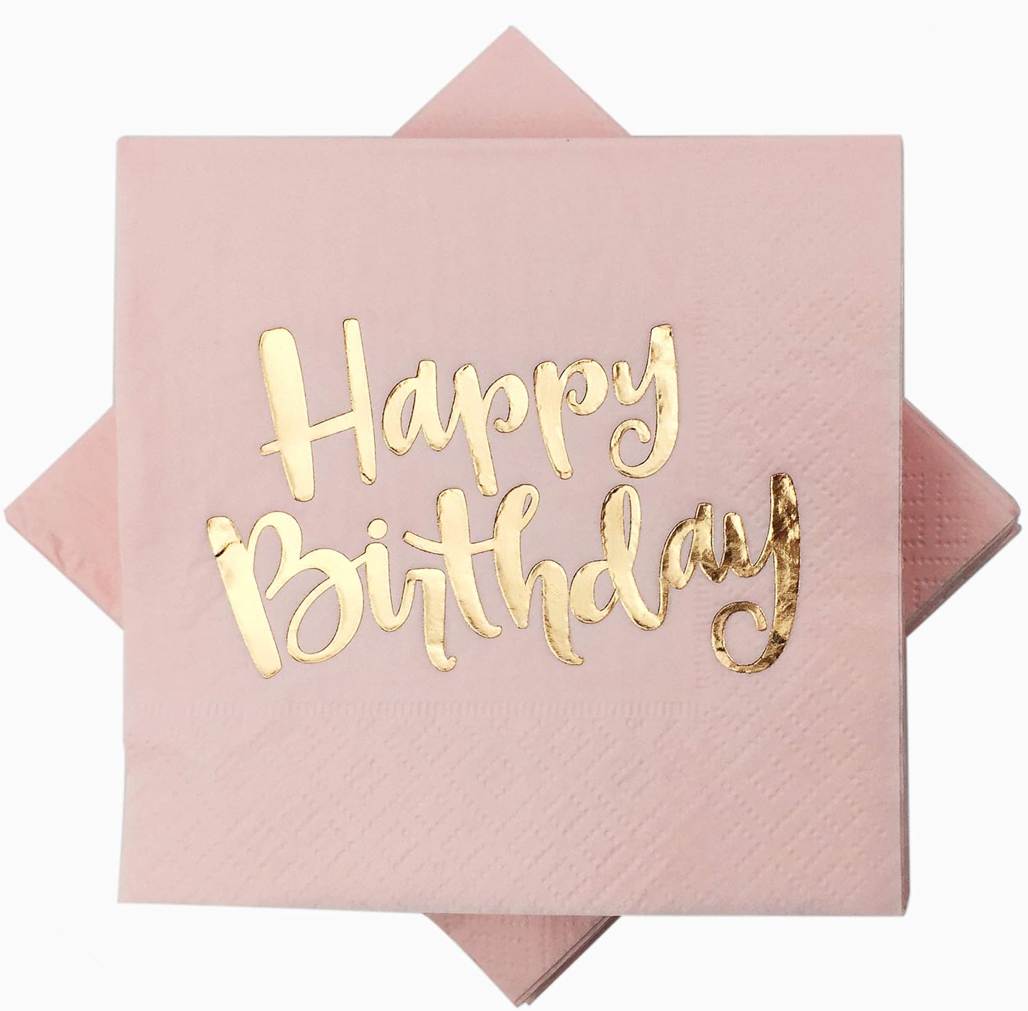 Pink Happy Birthday Cocktail Napkins 100Counts 3ply /5'' Disposable Rose Gold Foil Paper Napkins Perfect for Mother Girls Happy Birthday Party | 5x5 inch cocktail napkins, disposable paper bulk, girls birthday party decoration, 3-ply absorbent, rose gold foiled design