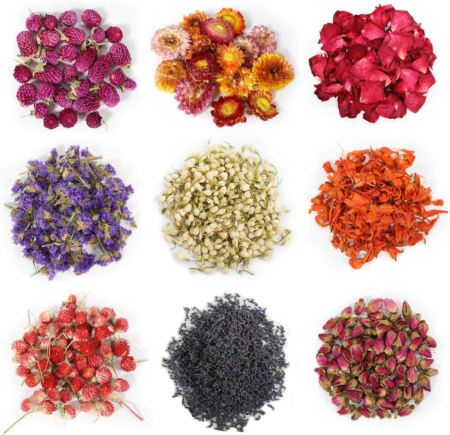 SACATR 100% Natural Dried Flowers Herbs Kit - 9 Bags Include Rose Petals, Lavender, Don't Forget Me, Lilium, Jasmine, Rosebuds for Soap Making, DIY Candle Making, Bath