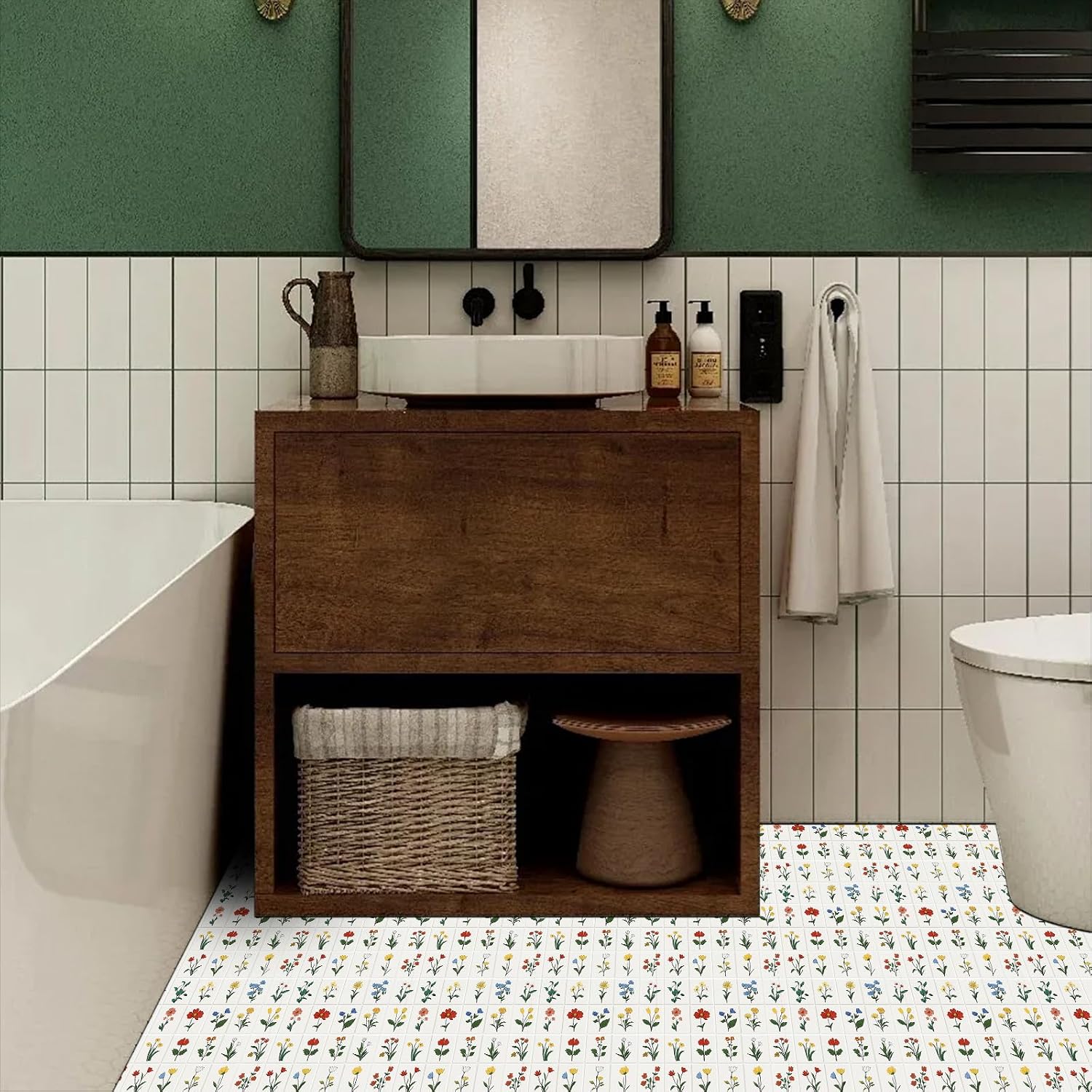 HOMETITUTE Multicolor Hand Drawn Flower Peel Stick Floor 12x12 Vinyl | Self Adhesive Decals Removable Flooring Stickers Kitchen Bathroom Livingroom - Line Art