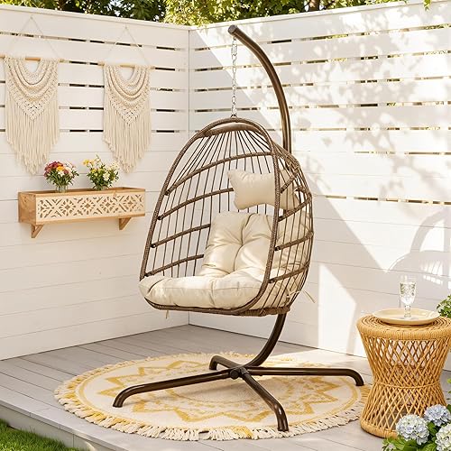 Miniatura 21 de Silla colgante de huevo, de mimbre y ratán, cojines resistentes a los rayos ultravioleta, capacidad de 350 libras, para dormitorio, balcón, patio