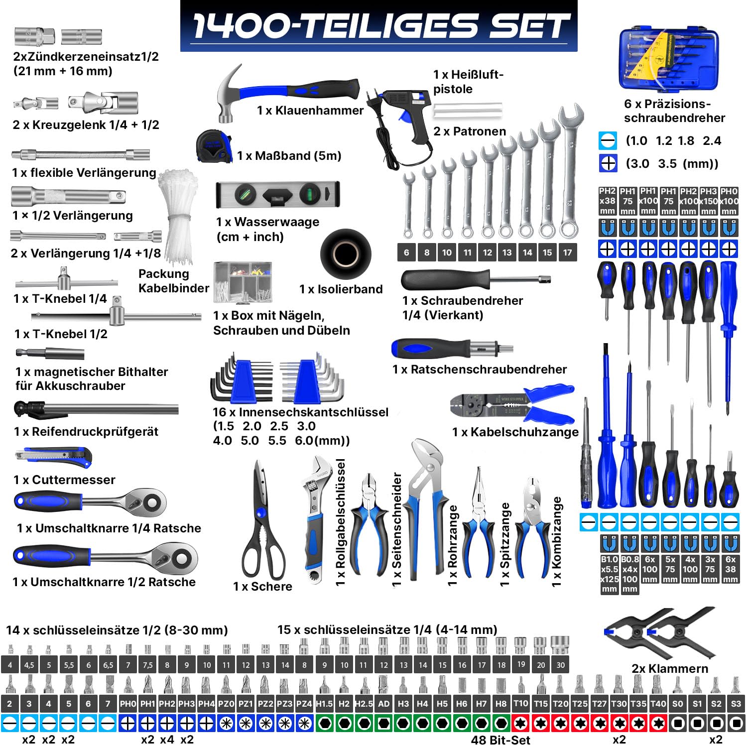 MASKO® Mallette à outils remplie de 1400 pièces | Kit d'outils dans une mallette en aluminium | Boîte à outils avec roulettes | Boîte à outils pour la maison, les loisirs, la voiture | Fonction