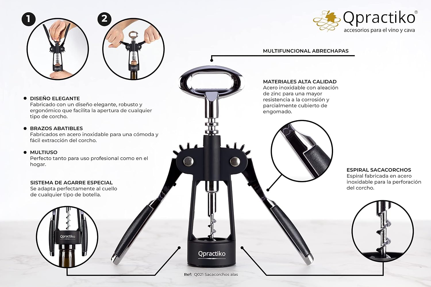Premium Quality Winged Corkscrew | Durable materials | Folding arms for easy cork removal | Black/Silver | Manufactured from: Stainless Steel with Zinc Alloy