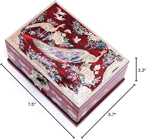 Miniatura 7 de MADDesign Mother of Pearl Joyero Anillo Espejo Tapa 2 Nivel Pavo Real Rojo