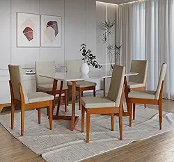 Conjunto Sala de Jantar 6 Lugares Madeira Mesa California e Cadeira Dakota Tecido A40 Móveis Meneghetti Caramelo