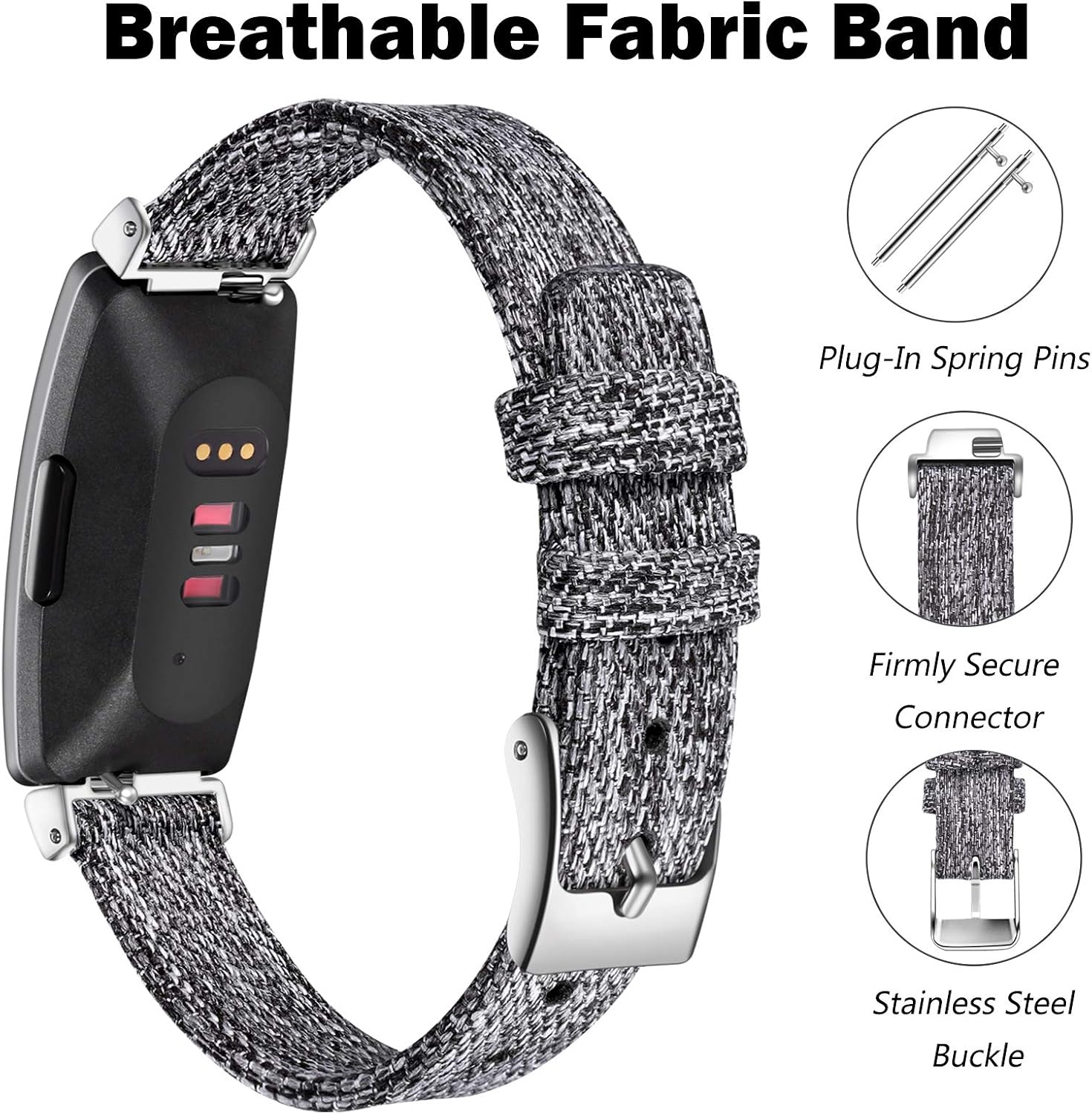 (2 Pack) Witzon Compatible with Fitbit Inspire 2 / Inspire/Inspire HR Bands for Women Men, Woven Fabric Canvas Replacement Wristbands for Fitbit Inspire Accessories Black Charcoal, Large