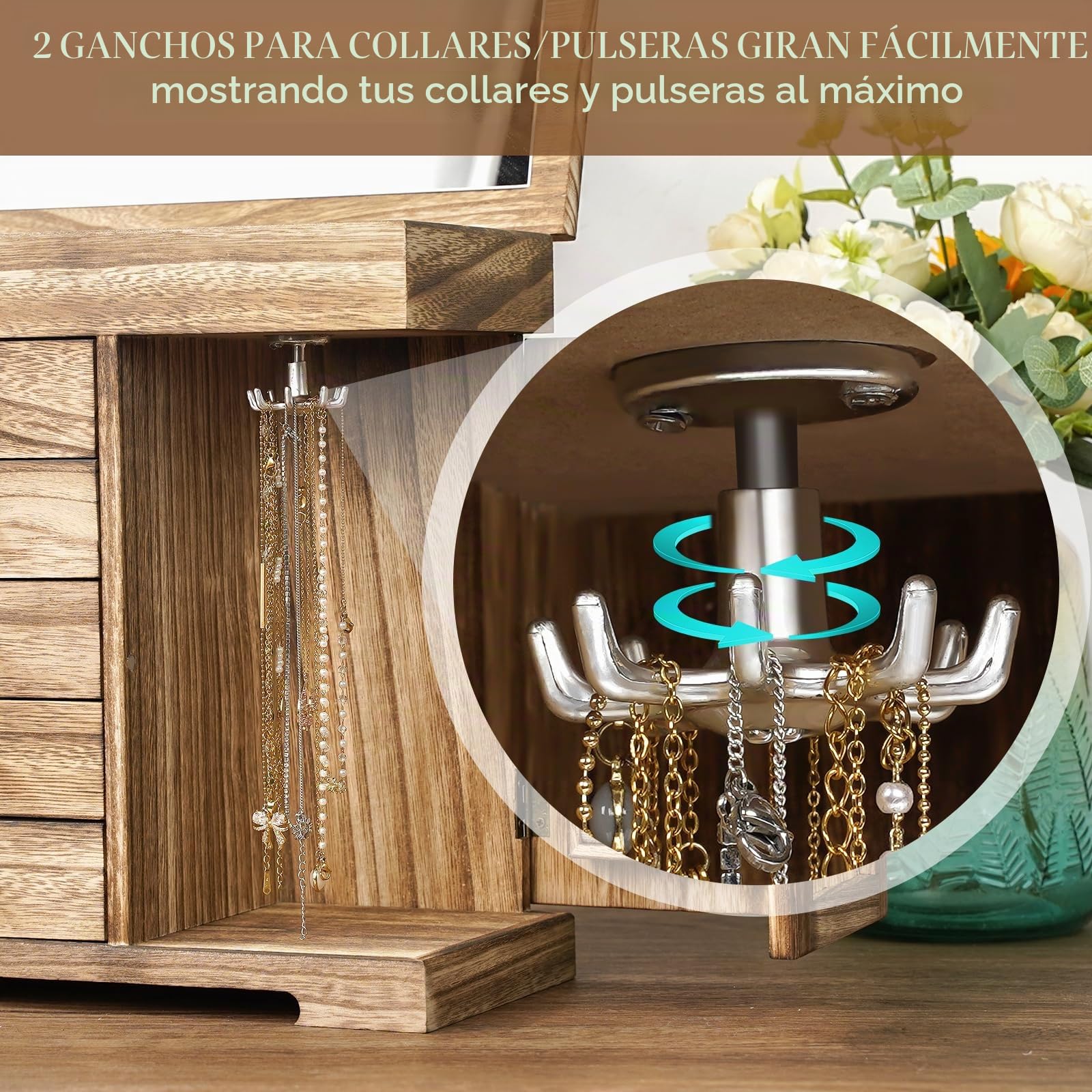 Joyero de mujer, 6 capas, joyero grande de madera rústica con espejo, organizador de joyas de dormitorio para collares, pendientes, anillos, pulseras (marrón rústico)