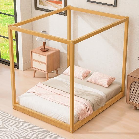 Bellemave Queen Size Canopy Bed, Wood Queen Platform Floor Bed with Slat Support, 4 Posters Queen Bed Frame for Kids Teens Adults - Natural