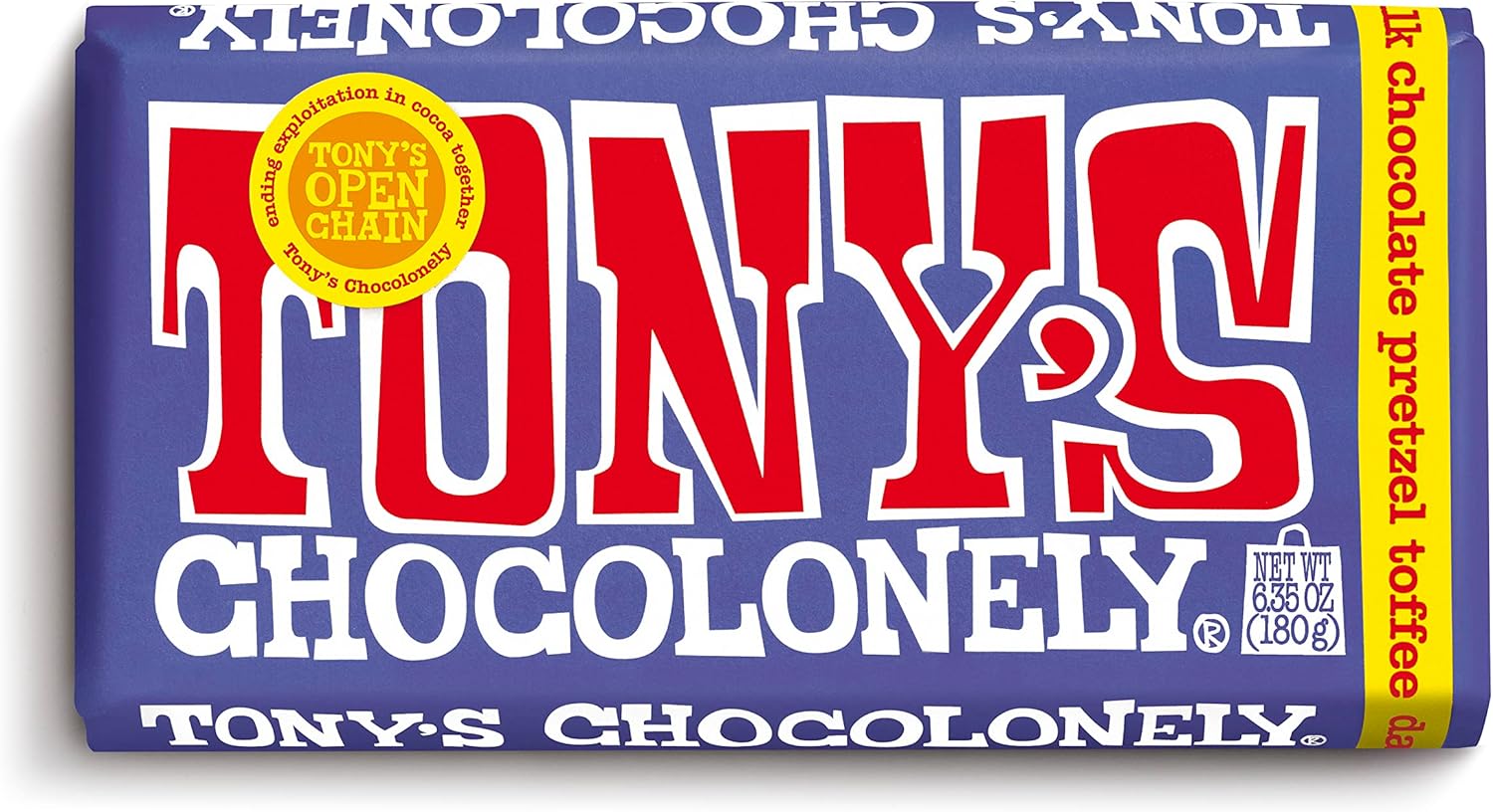 Tony's Chocolonely 42% Dark Milk Chocolate Bar with Pretzel & Toffee - Dark Milk Chocolate, Pretzel & Toffee Chunks, Belgium Chocolate, No Artificial Flavoring, Fairtrade & B Corp Certified - 15 Bars