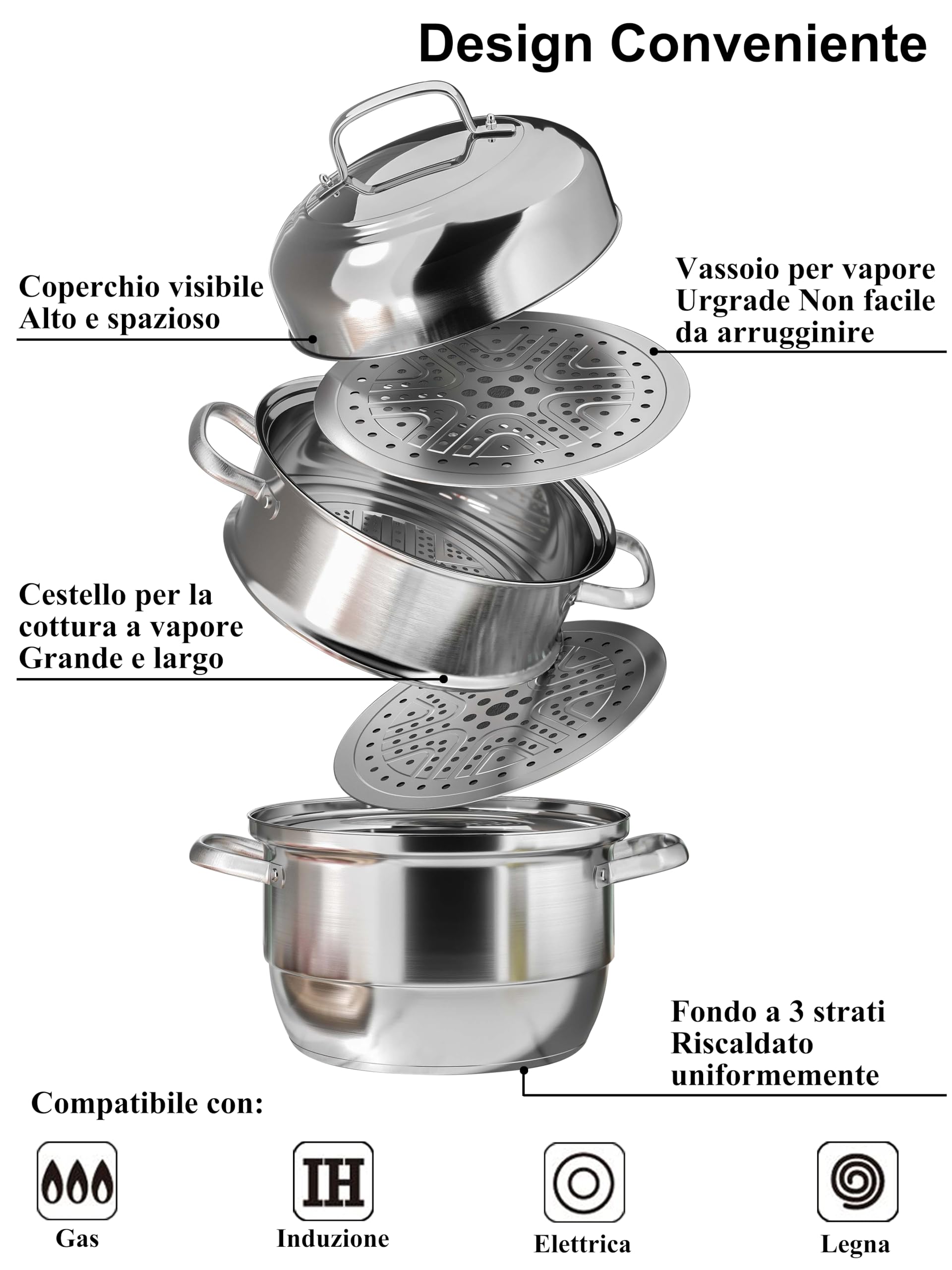 VENTION Vaporiera Induzione 28 cm, Pentola per Cuocere a Vapore 3 Piani, Pentola Vaporiera Acciaio Inox