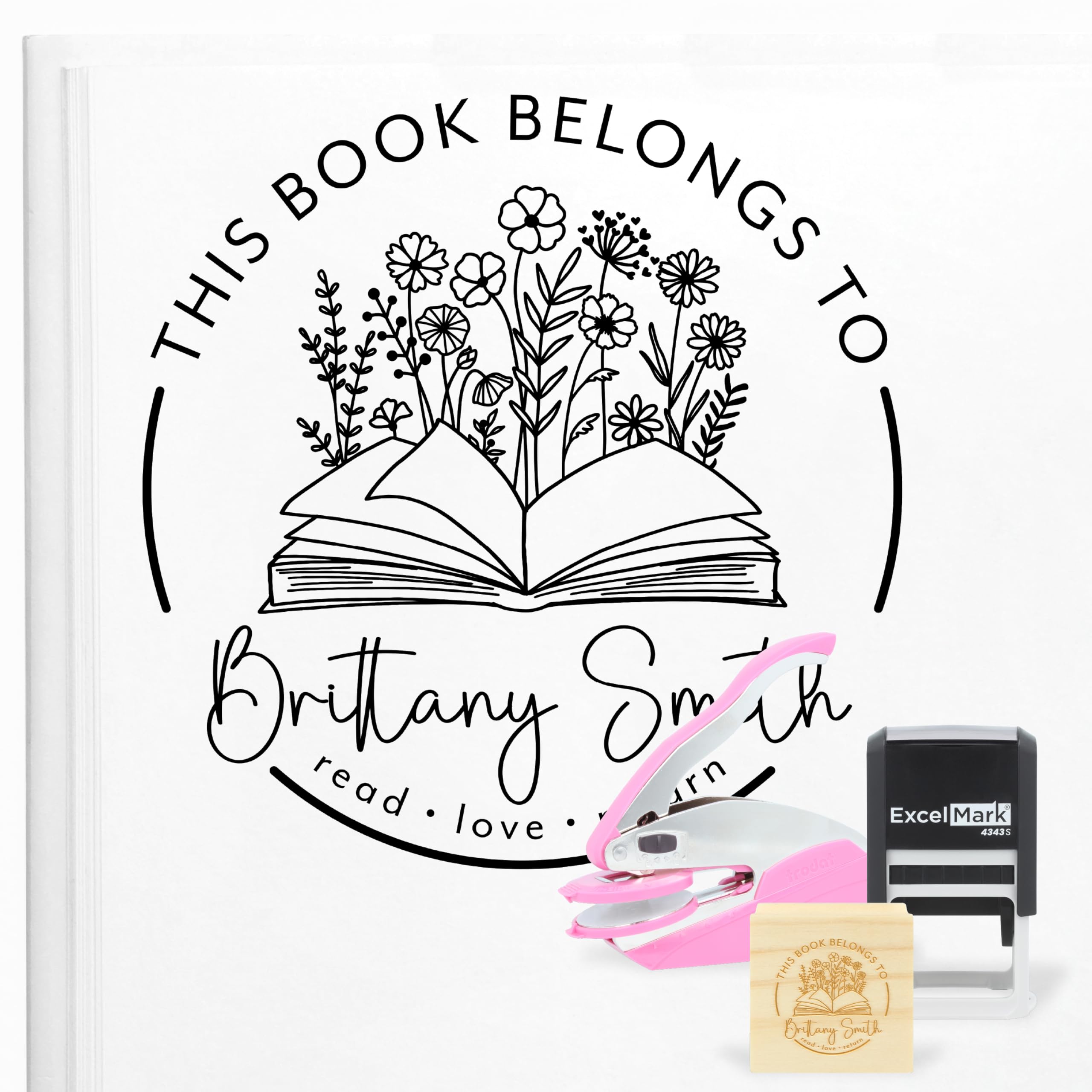 ExcelMark Personalized Book Embossers & Stamps - Personalize a Book Embosser, Wood Stamp, or Self-Inking Mount (Wildflower, Round)