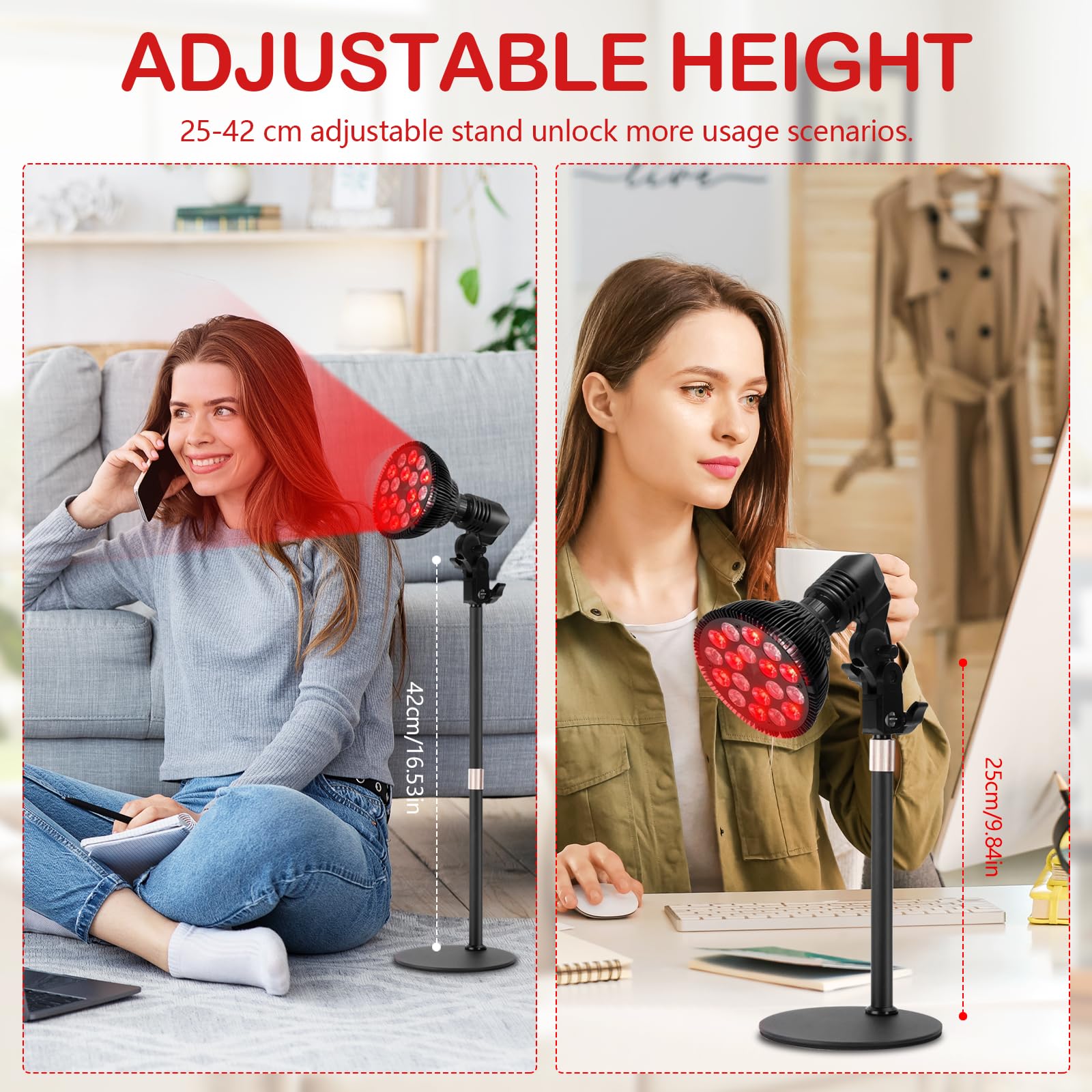Lampa z czerwonym światłem 2 w 1 z podstawką, 54 W, lampa na podczerwień 850 nm i 660 nm, 18 diod LED do terapii światłem czerwonym, głębokie ciepło do łagodzenia bólu twarzy, karku i pleców, wysoce
