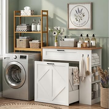 Laundry Hamper Cabinet, Double Laundry Cabinet with Two 11 Gallon Baskets and Drawer, Pull-Out Storage Unit with Adjustable Shelves, Hooks, for Bathroom, Living Room, Kitchen, White and Walnut