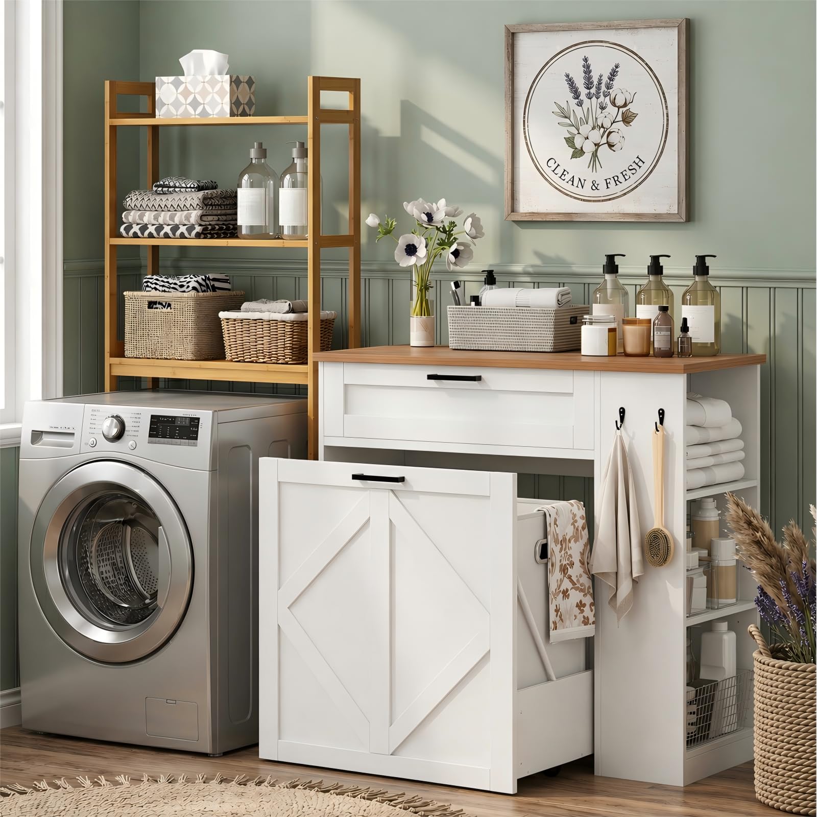 Armario de lavandería con 2 cestas extraíbles para la colada, cajón de almacenamiento, estantes ajustables y ganchos para baño, lavadero y cocina, color blanco y nogal