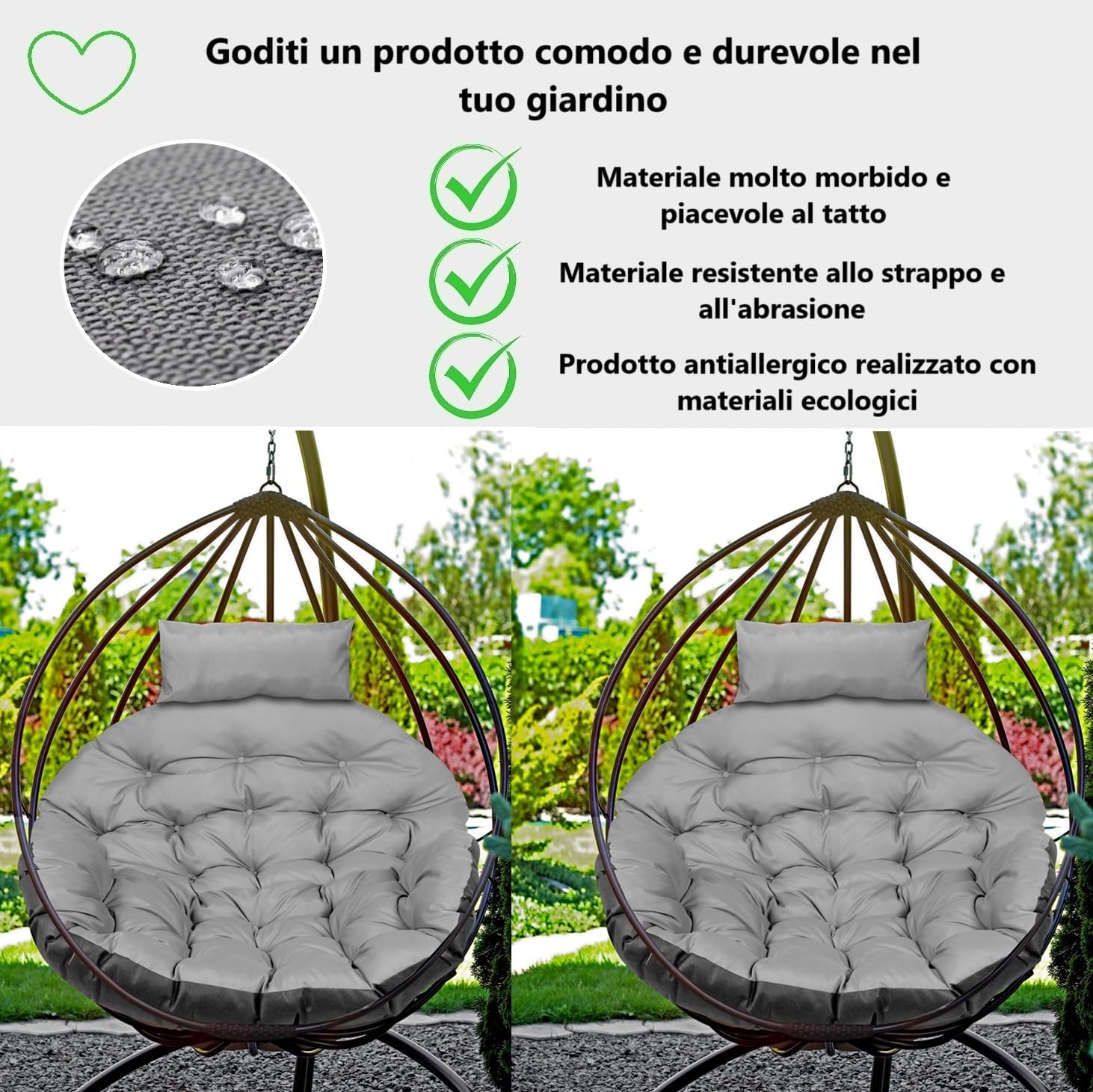 Cuscino imbottito per poltrona sospesa da giardino, con poggiatesta imbottito in polyrattan, imbottitura trapuntata, facile da pulire, impermeabile