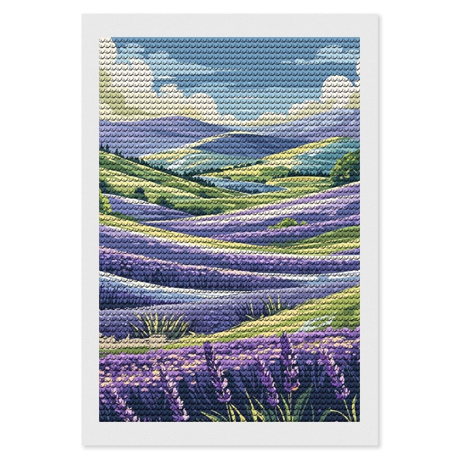 Junmoney Lavender Field Landscape Illustration Diamond Painting Set 8"x12", Holiday Gift Idea, for Creative Relaxation, Fun Craft Experience, Vintage Style Decor