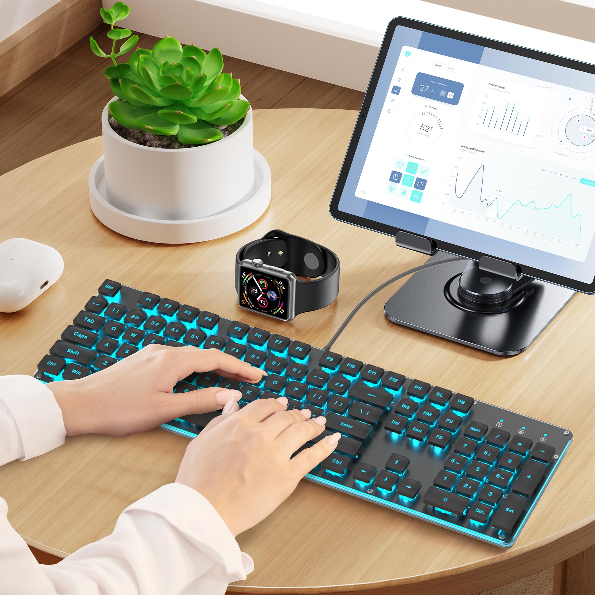 Tastiera per macchina da scrivere, 104 tasti, nera, quadrata, stile punk, tastiera da gaming, retroilluminata a LED, con cavo USB, adatta per PC/Win/Mac/laptop (G1000/Nera)