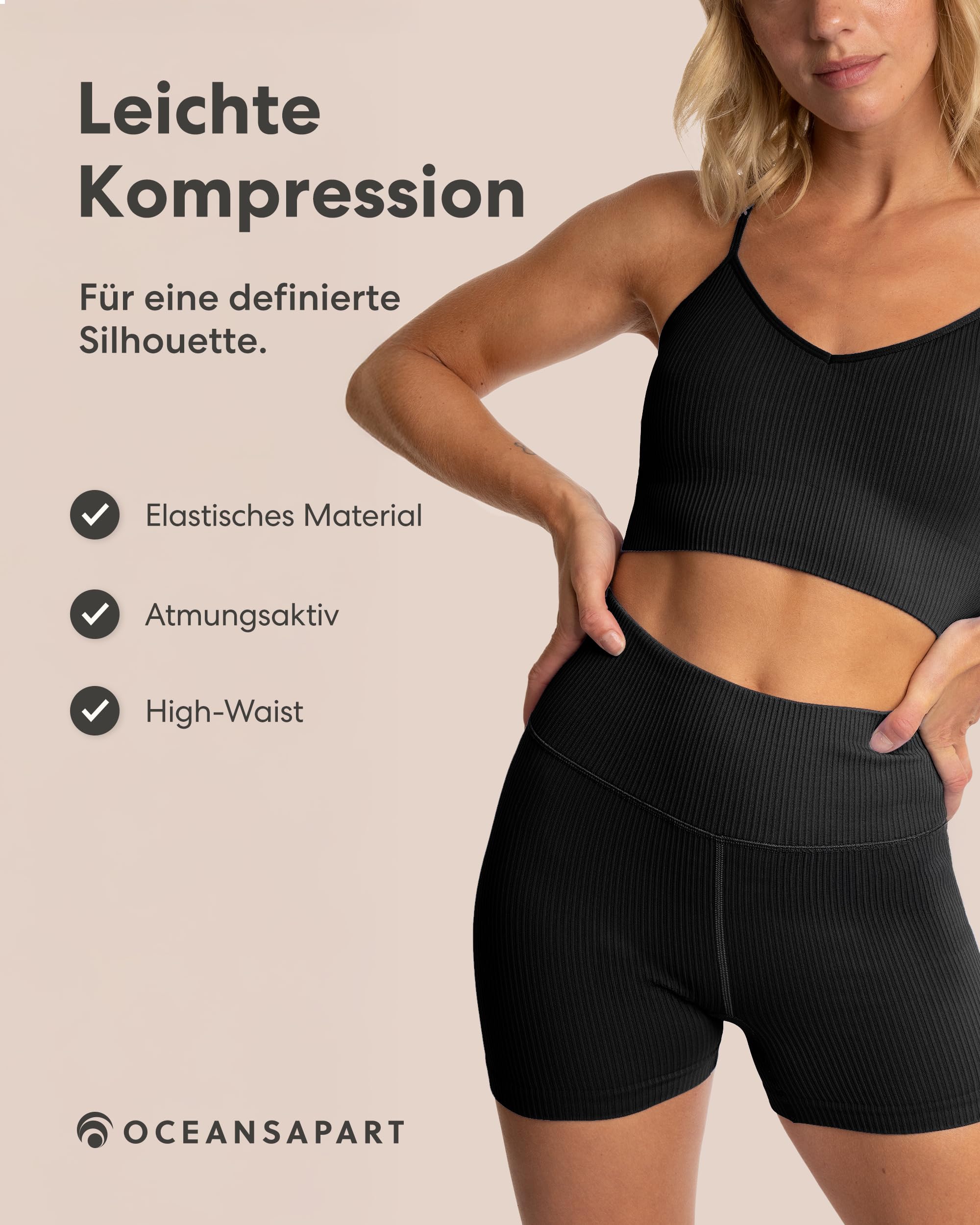 OCEANSAPART Maya Hotpant Kurze Sporthose Damen High Waist Gerippt - Radlerhose recyceltes Polyamid - Squadproof & Blickdicht - Gym Shorts Damen für Yoga, Pilates & Fitness - Gr. XS-XXL