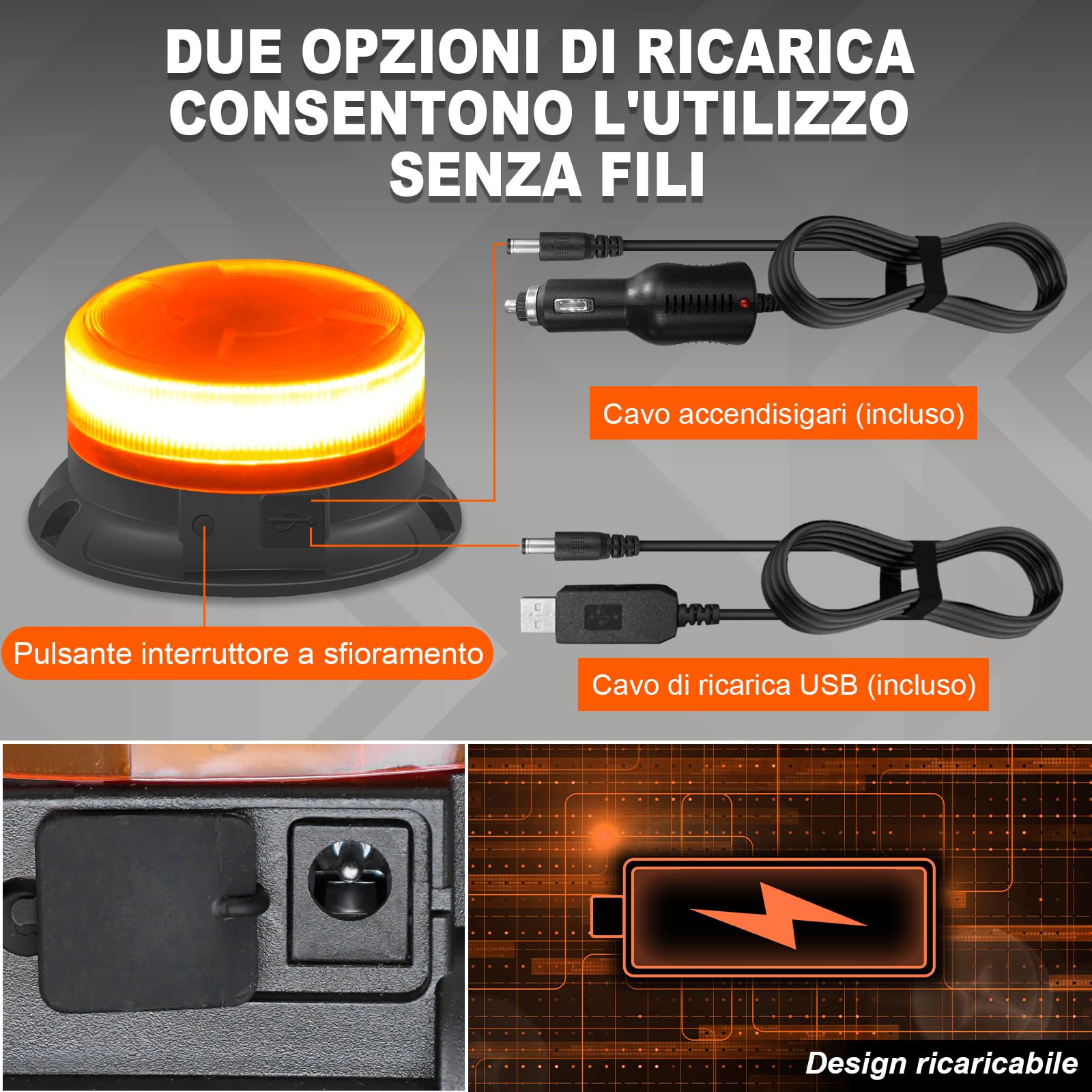 AnTom Luce LED stroboscopica lampeggiante di emergenza batteria Con telecomando,12V-24V 9 Modalità con 3m Cavo Alimentazione e USB cavo di ricarica Lampeggiante Auto per trattori golf UTV