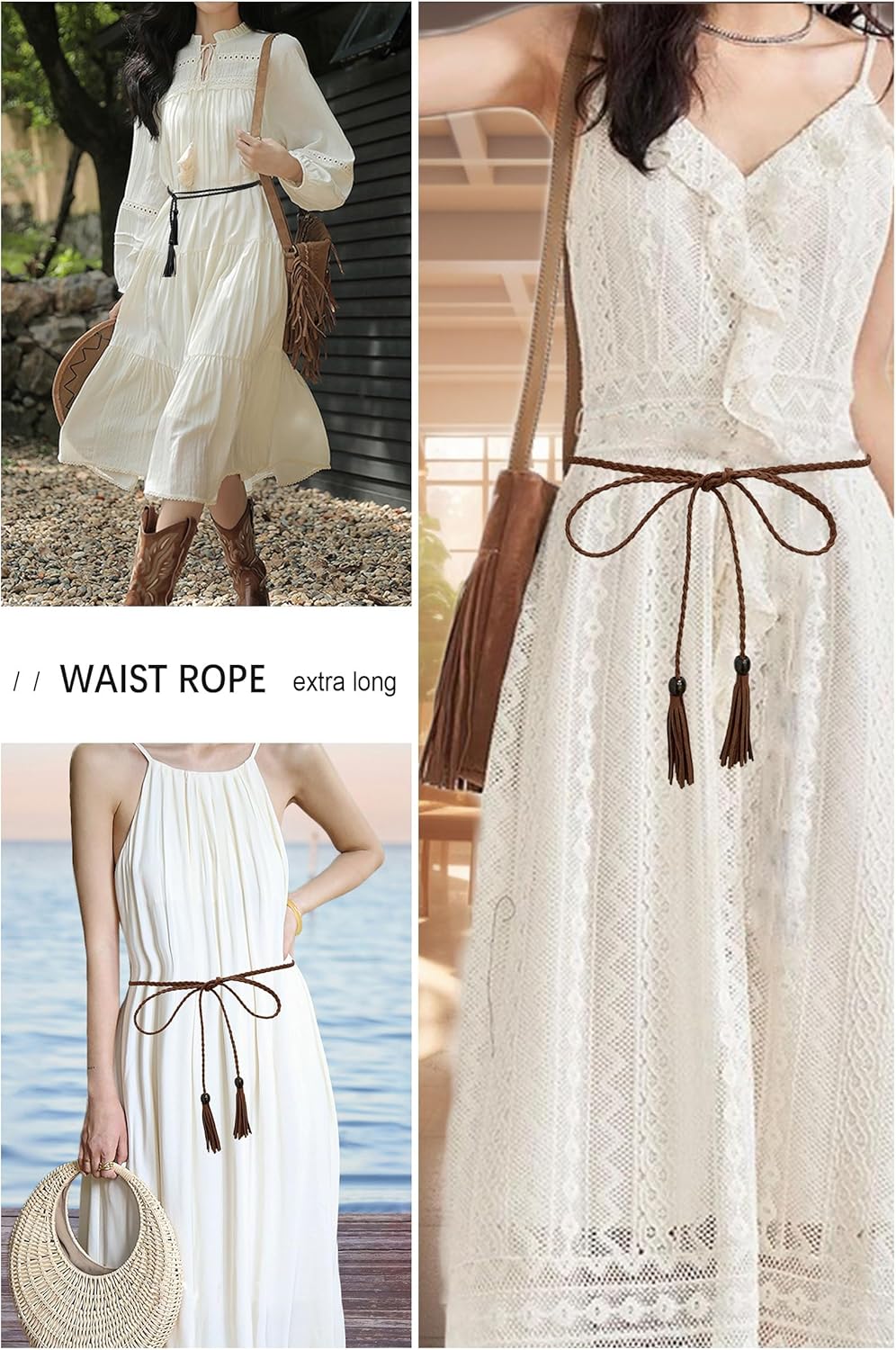 TeeYee Waist Belt Woven Knitted Rope/Chain PU leather 3 Pieces Tassel Rope Skinny Belt - Image 4