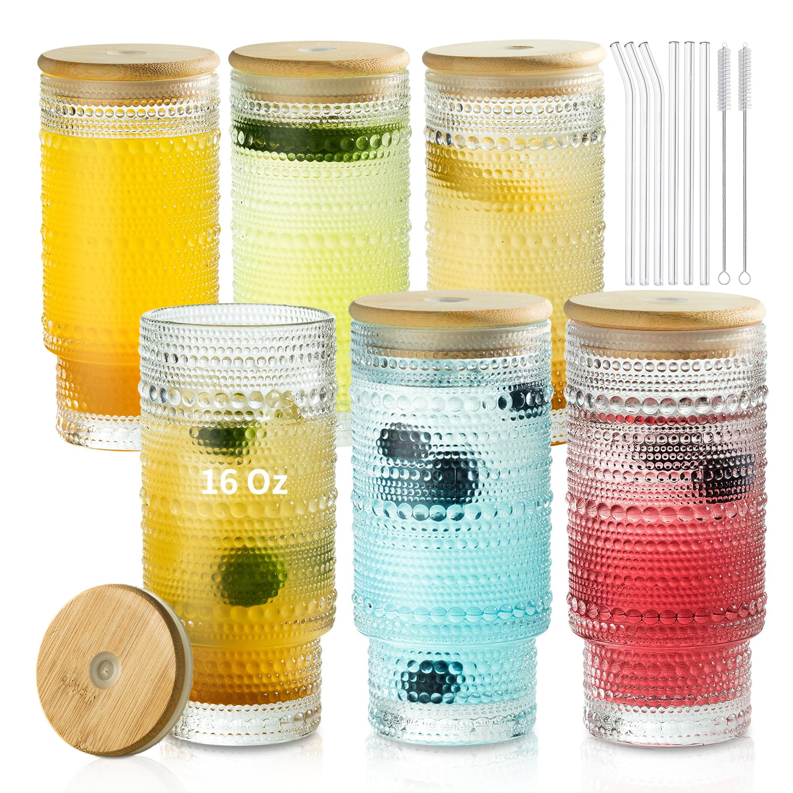 KEMORELA Set of 6 Hobnail Drinking Glasses with Cool Glassware Lid and Straw 16oz XL Highball Bubble Cocktail