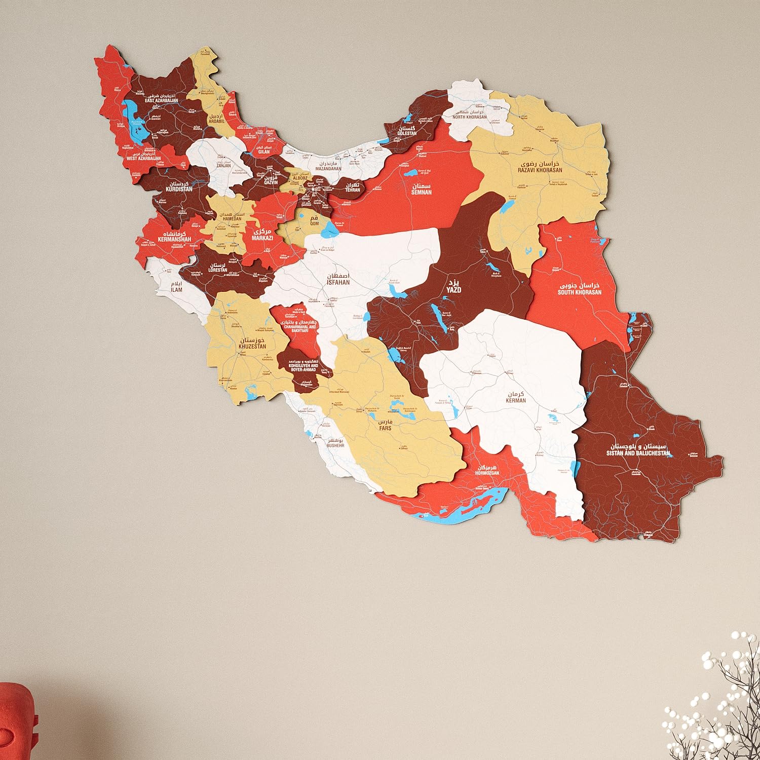 Colorfull Worlds Wooden Map of Iran Wall Art – Multilayered 3D UV Printed MDF Country Map Decor for Persian Iranian Homes – Housewarming Gift