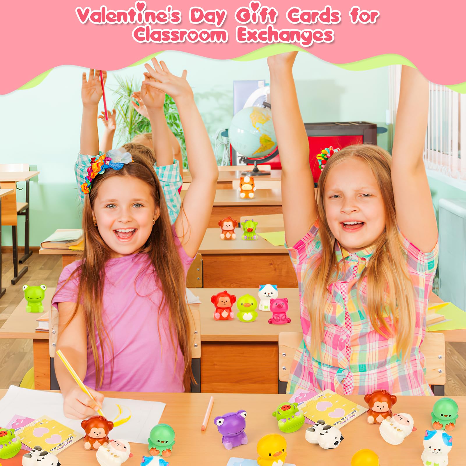 Valentines Gifts for Kids, 24PCS Valentines Cards for Kids Classroom with Animal Squishy Toys